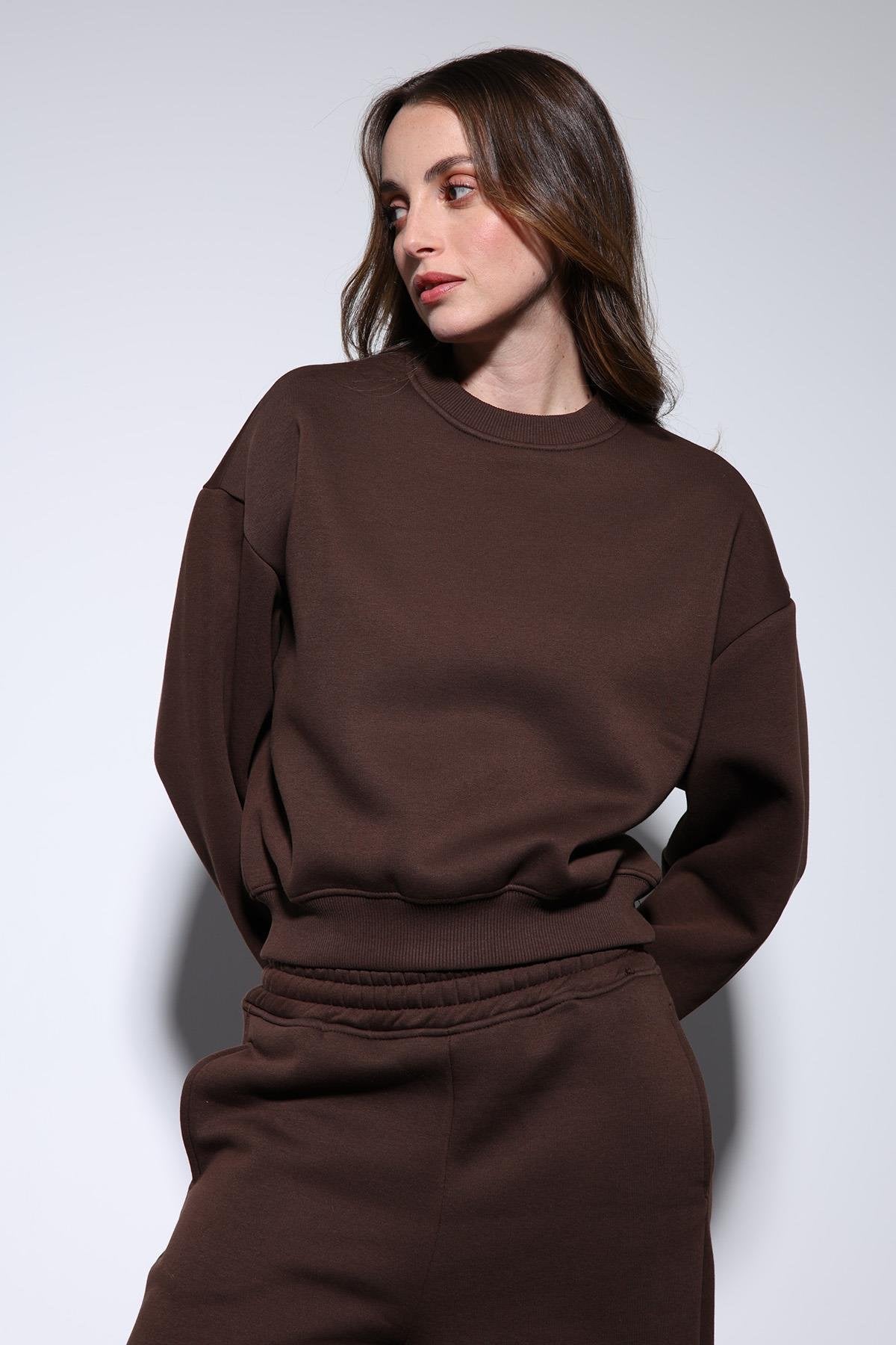 Antioch-Kahve Basic Kadın Sweatshirt-Sweatshirt-4-Milagron.com