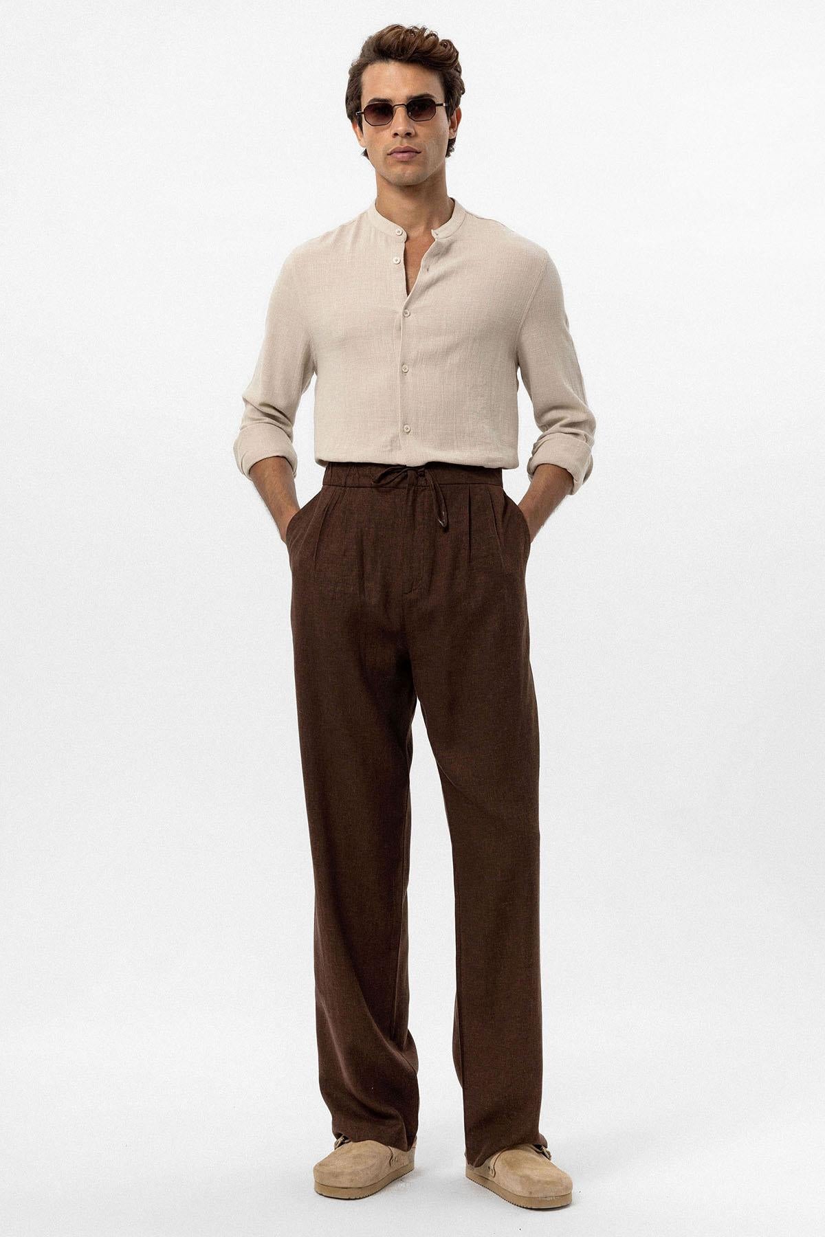 Antioch-Kahve Bel Bağlamalı Keten Karışımlı Baggy Erkek Pantolon-Kumaş Pantolon-1-Milagron.com