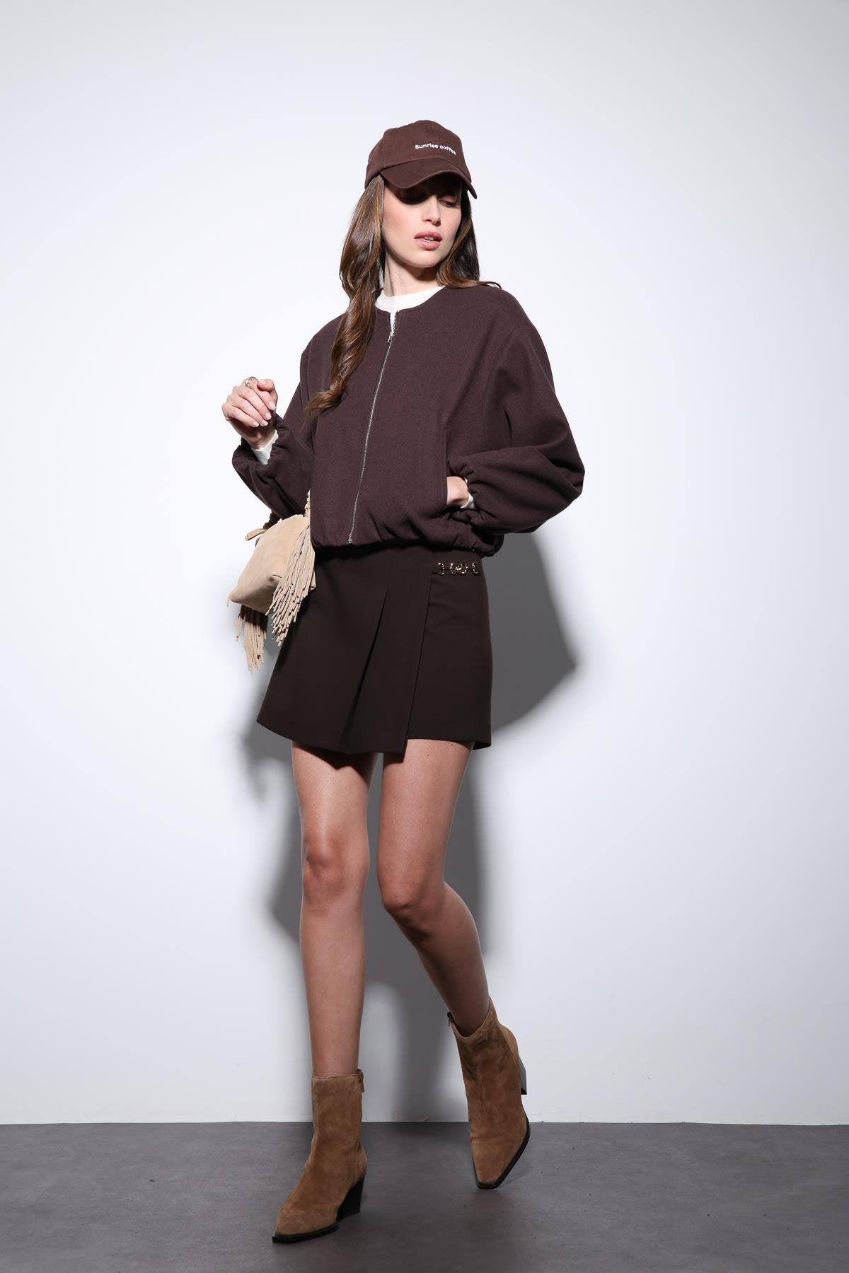 Antioch-Kahve Bel Lastikli Crop Kadın Mont-Mont-1-Milagron.com