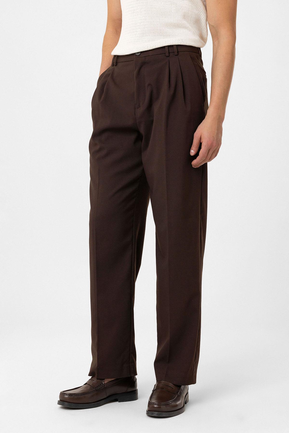 Antioch-Kahve Çift Pileli Baggy Fit Erkek Pantolon-Kumaş Pantolon-1-Milagron.com