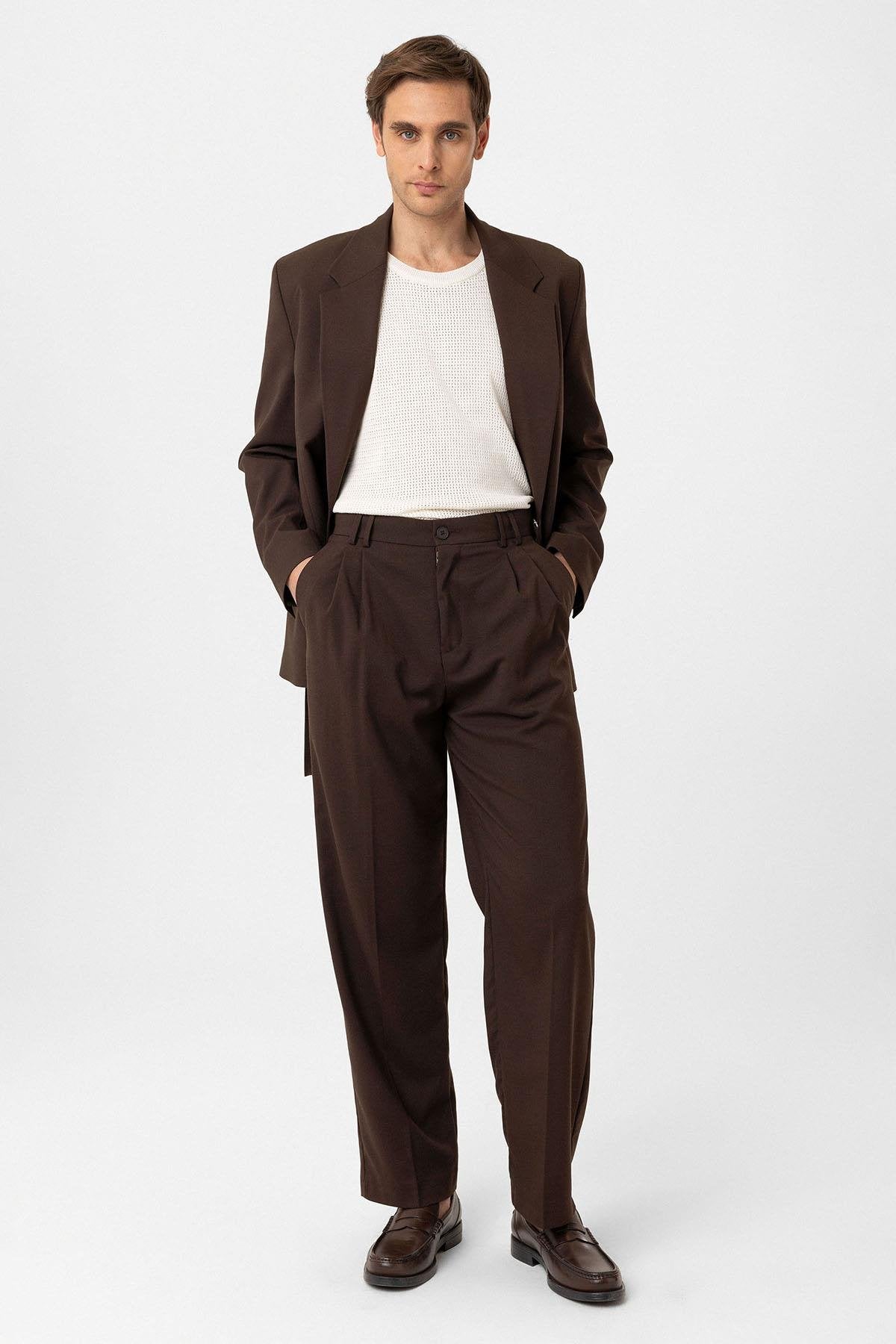 Antioch-Kahve Çift Pileli Baggy Fit Erkek Pantolon-Kumaş Pantolon-2-Milagron.com