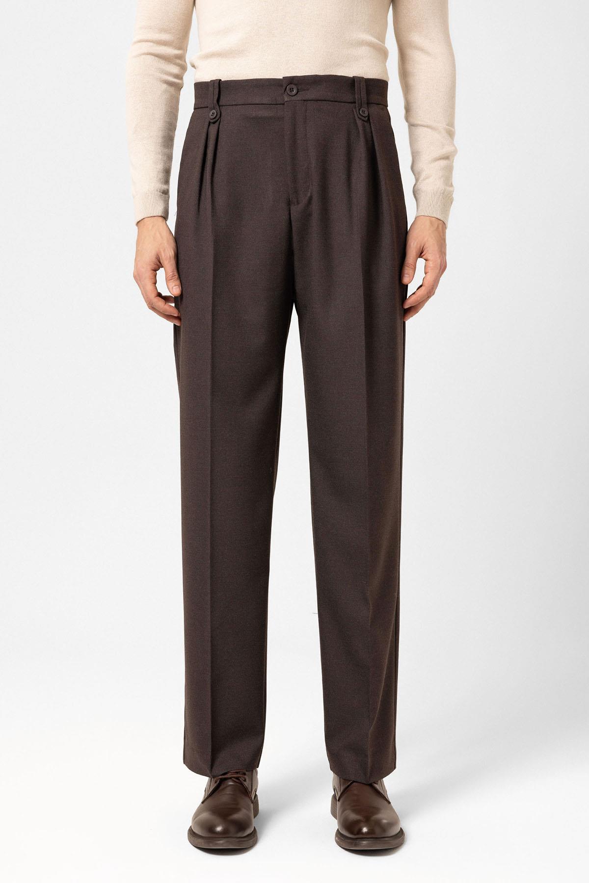 Antioch-Kahve Çift Pileli Yüksek Bel Erkek Pantolon-Kumaş Pantolon-1-Milagron.com