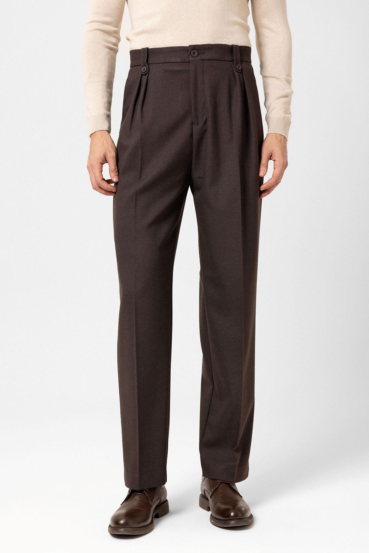 Antioch-Kahve Çift Pileli Yüksek Bel Erkek Pantolon-Kumaş Pantolon-2-Milagron.com