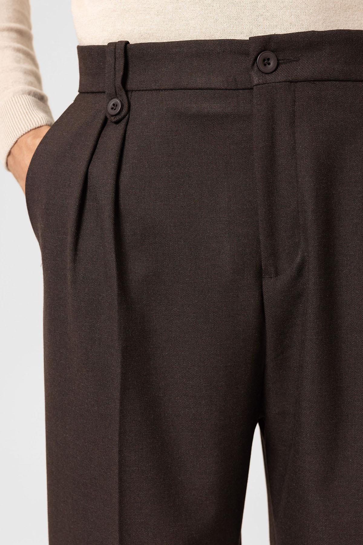 Antioch-Kahve Çift Pileli Yüksek Bel Erkek Pantolon-Kumaş Pantolon-3-Milagron.com