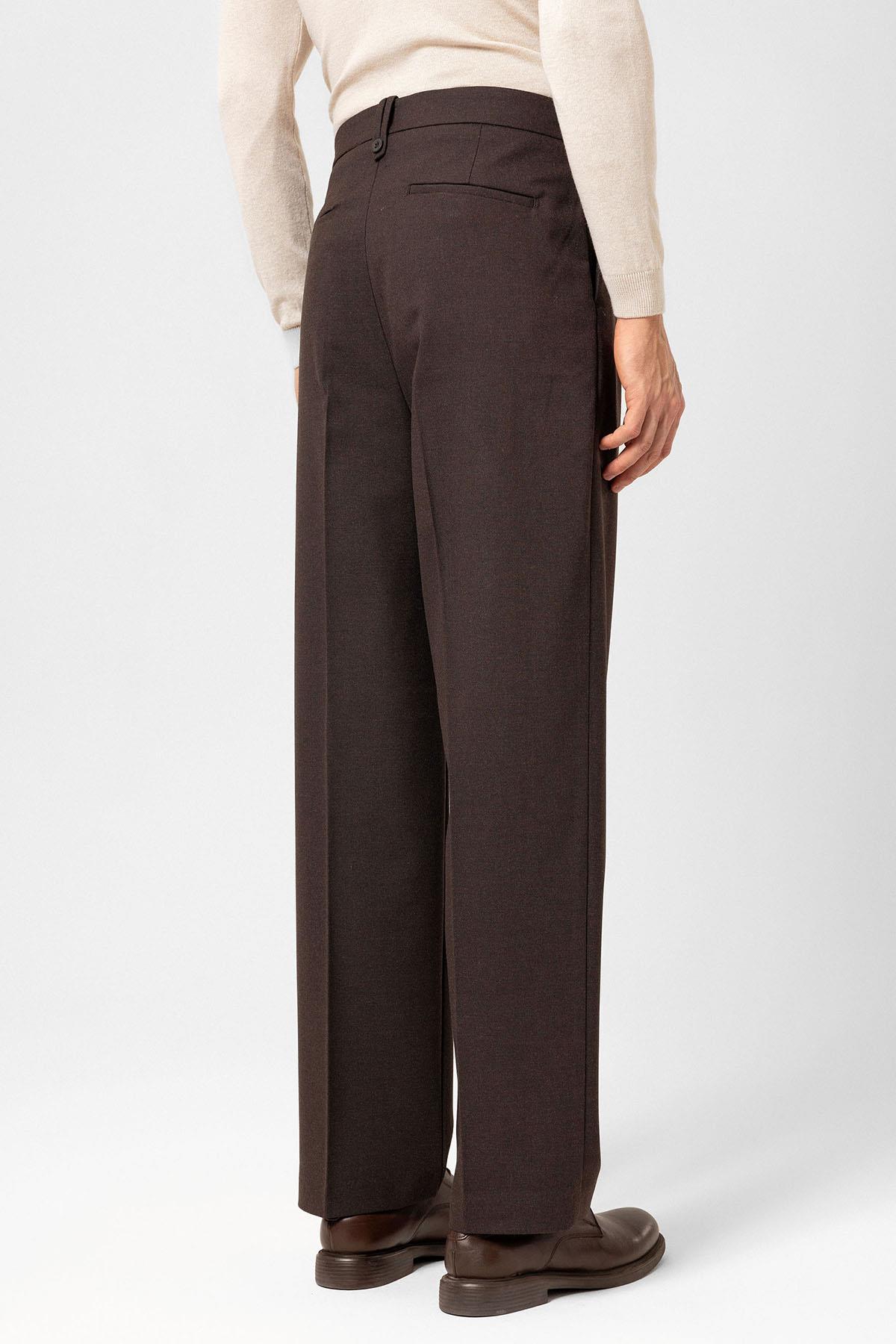 Antioch-Kahve Çift Pileli Yüksek Bel Erkek Pantolon-Kumaş Pantolon-4-Milagron.com