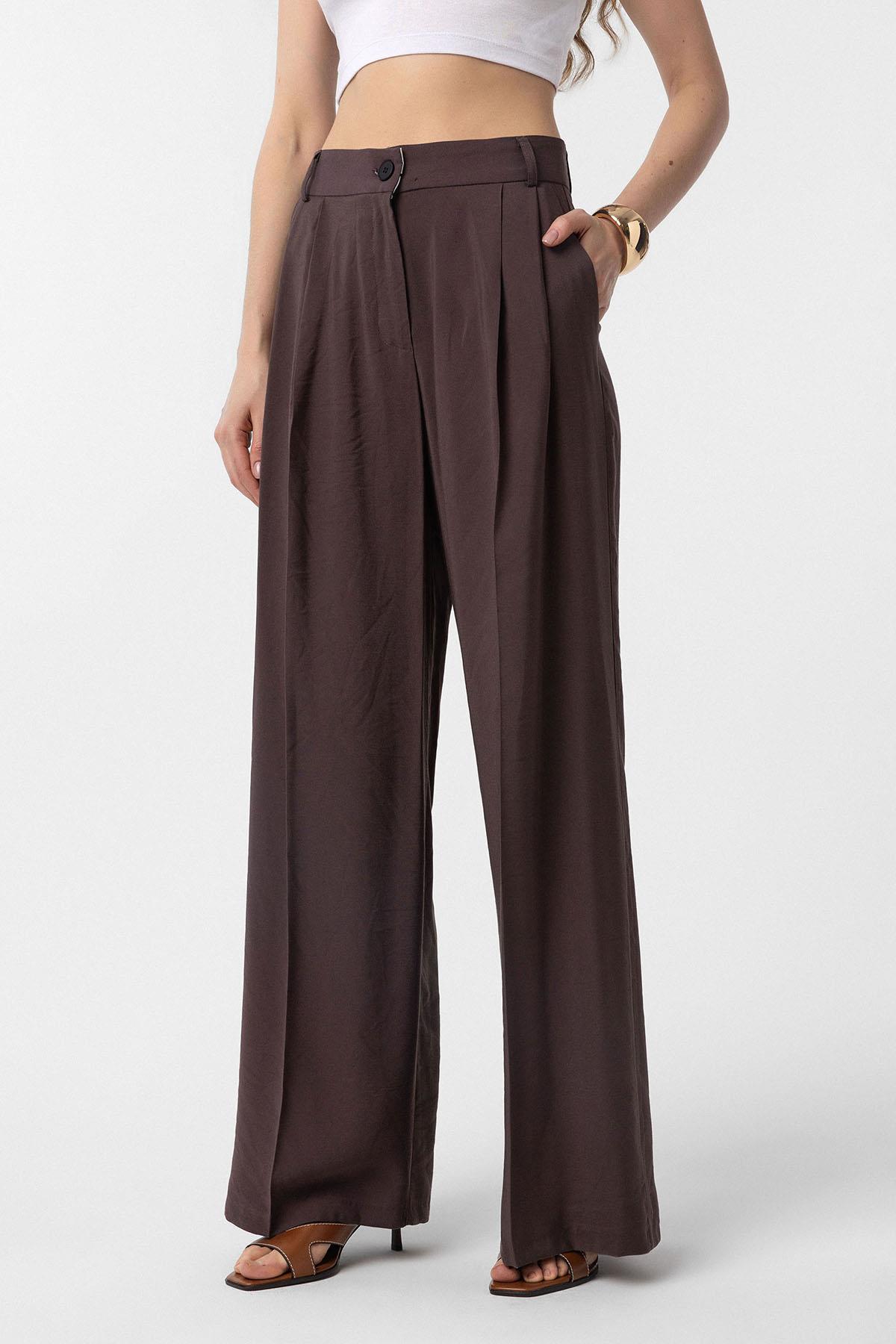 Antioch-Kahve Çift Pilili Kadın Pantolon-Kumaş Pantolon-1-Milagron.com