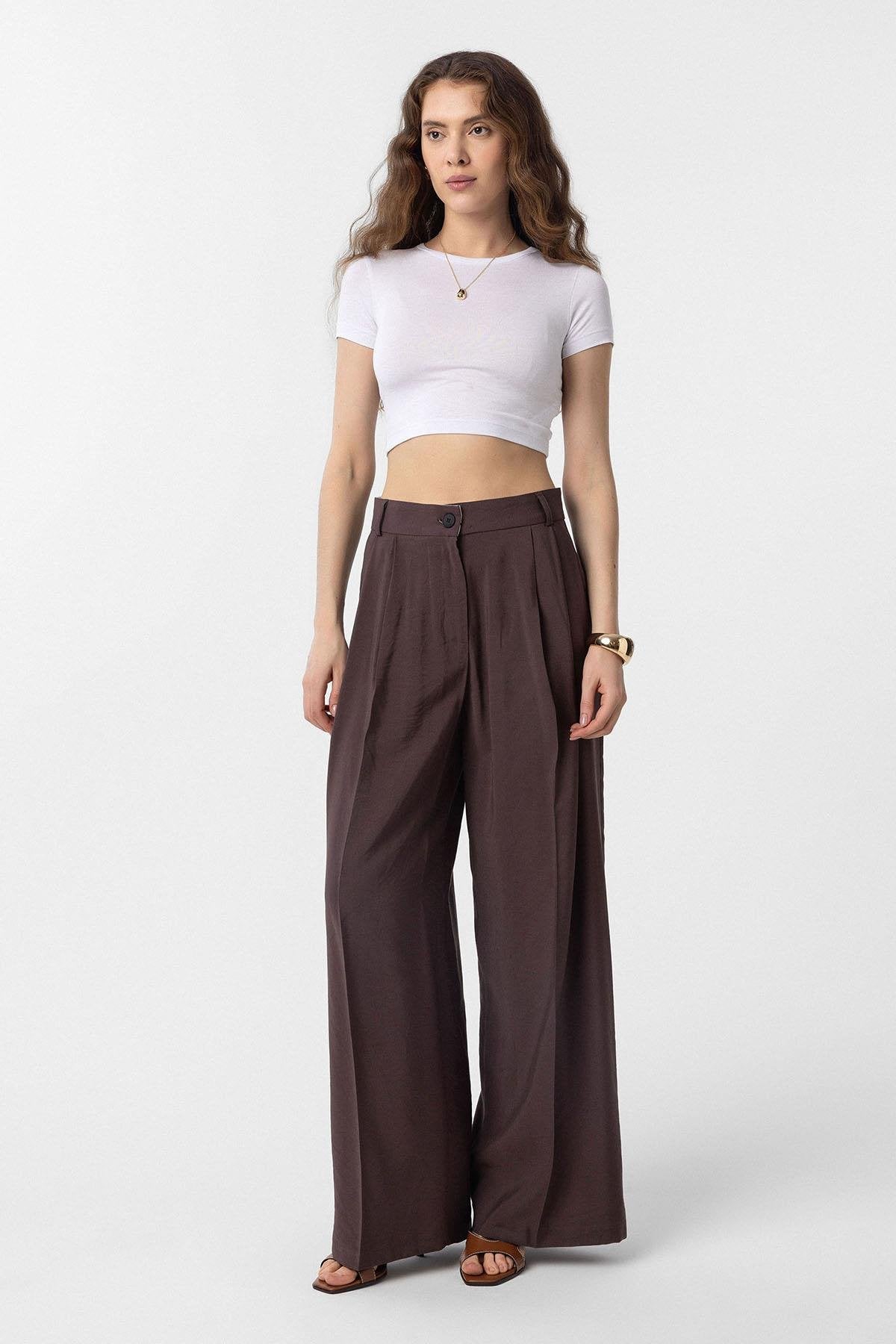 Antioch-Kahve Çift Pilili Kadın Pantolon-Kumaş Pantolon-2-Milagron.com