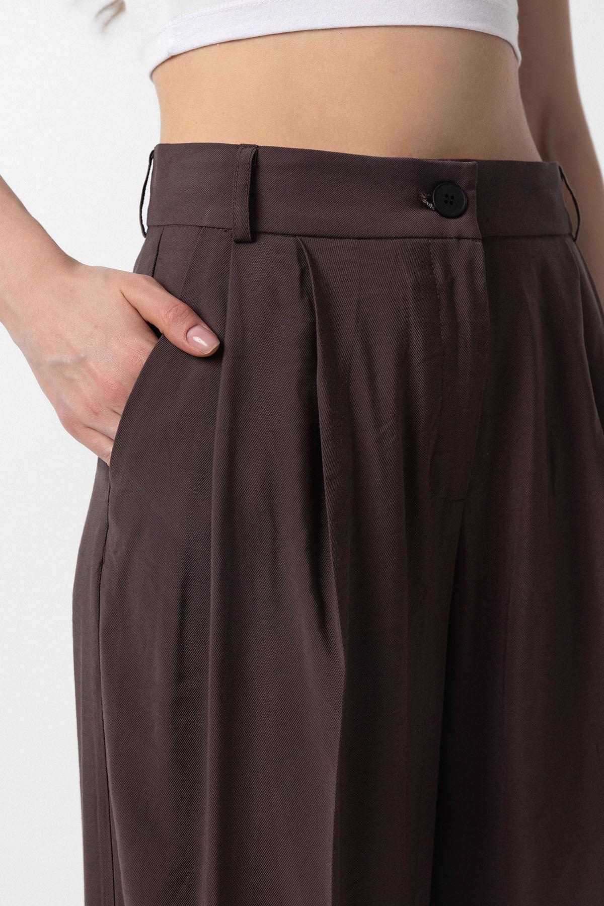 Antioch-Kahve Çift Pilili Kadın Pantolon-Kumaş Pantolon-3-Milagron.com