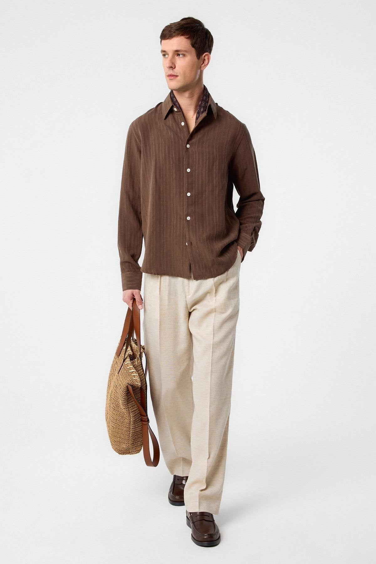 Antioch-Kahve Çizgili Ve Dokulu Erkek Gömlek-Gömlek-3-Milagron.com