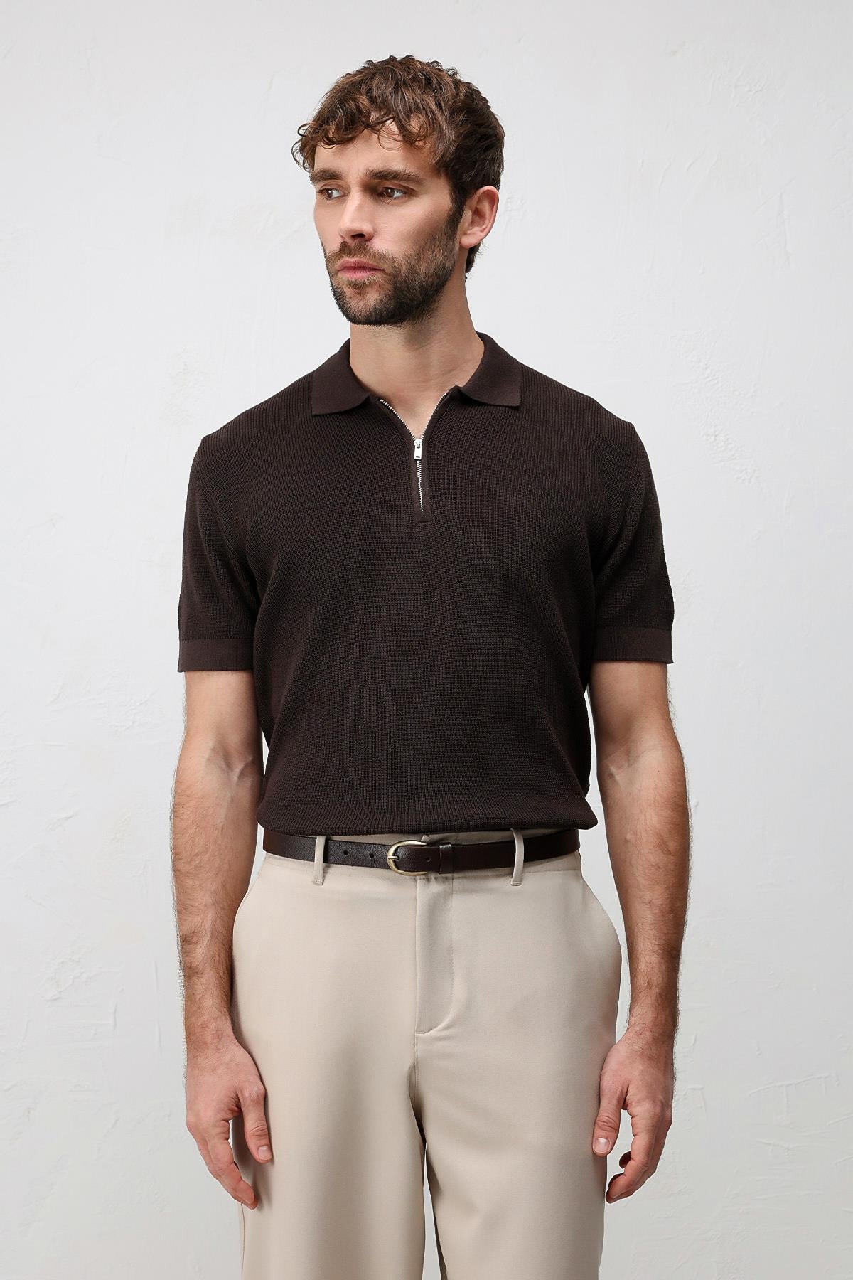 Antioch Kahve Comfort Slim Fermuarlı Erkek Triko T-Shirt