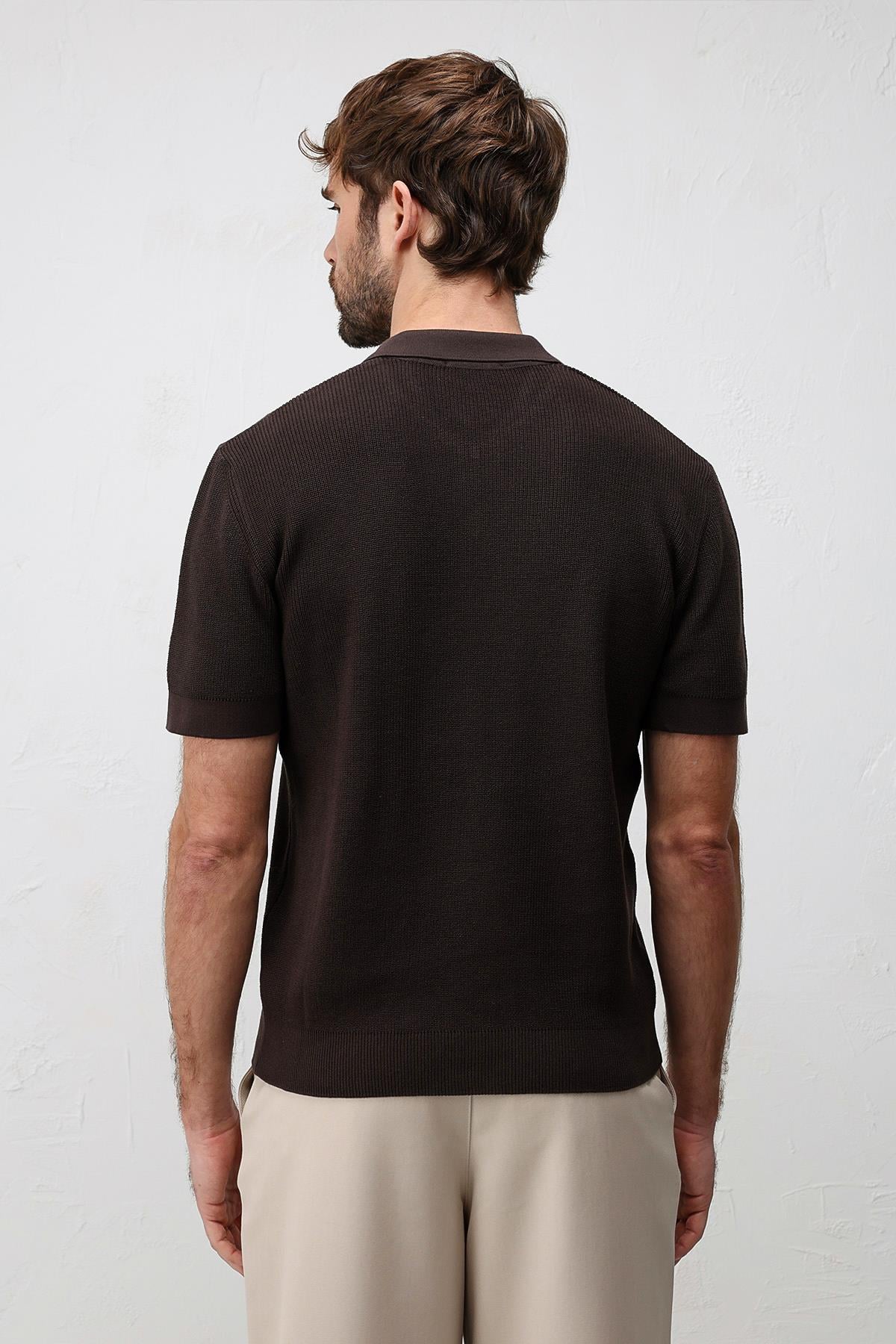 Antioch Kahve Comfort Slim Fermuarlı Erkek Triko T-Shirt