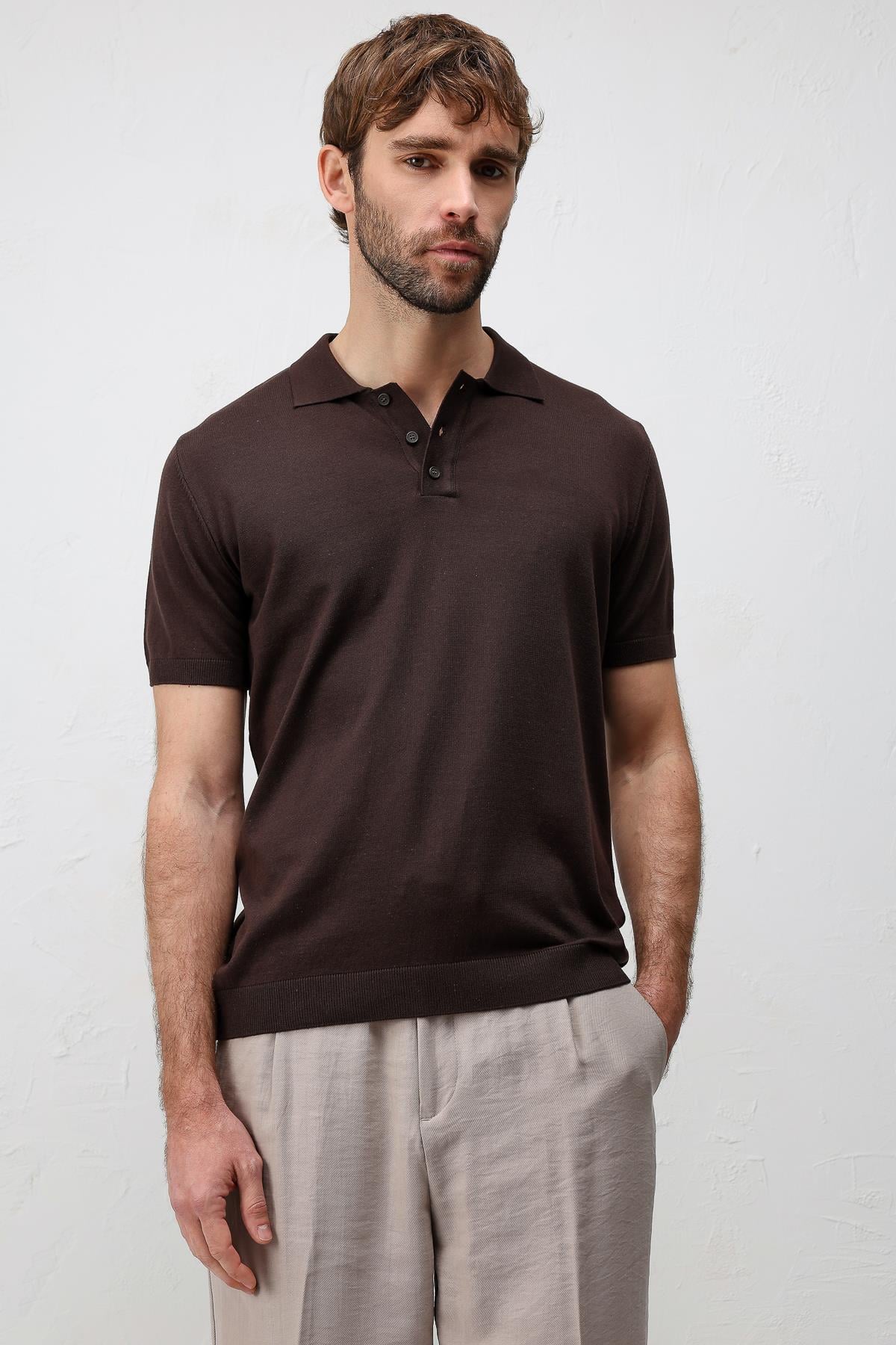 Antioch Kahve Comfort Slim Polo Yaka Erkek Triko T-Shirt