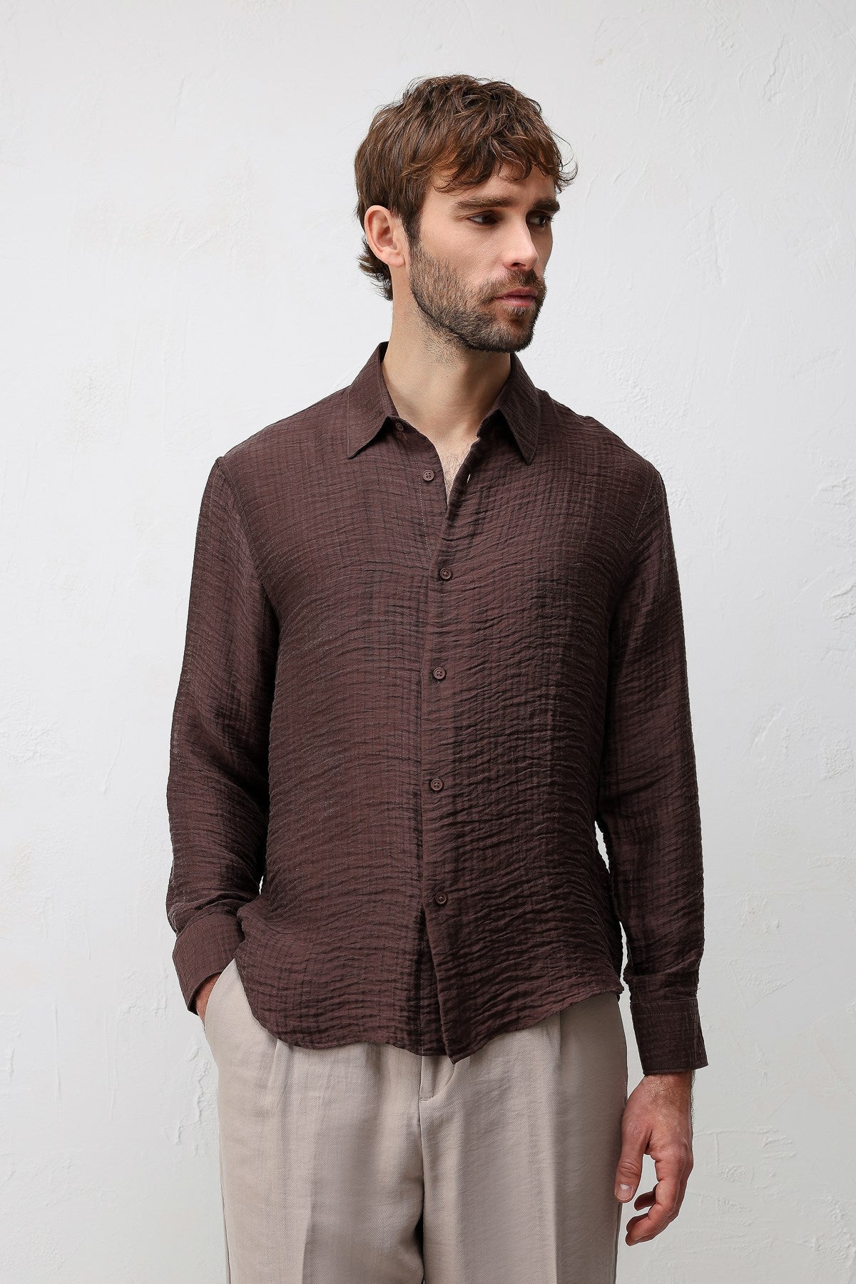 Antioch Kahve Crinkled Relax Fit Erkek Gömlek