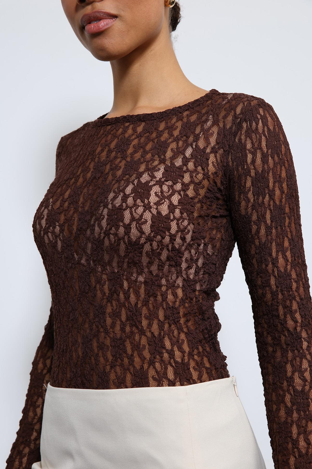 Antioch-Kahve Dantel Detaylı Transparan Bluz-Bluz-5-Milagron.com