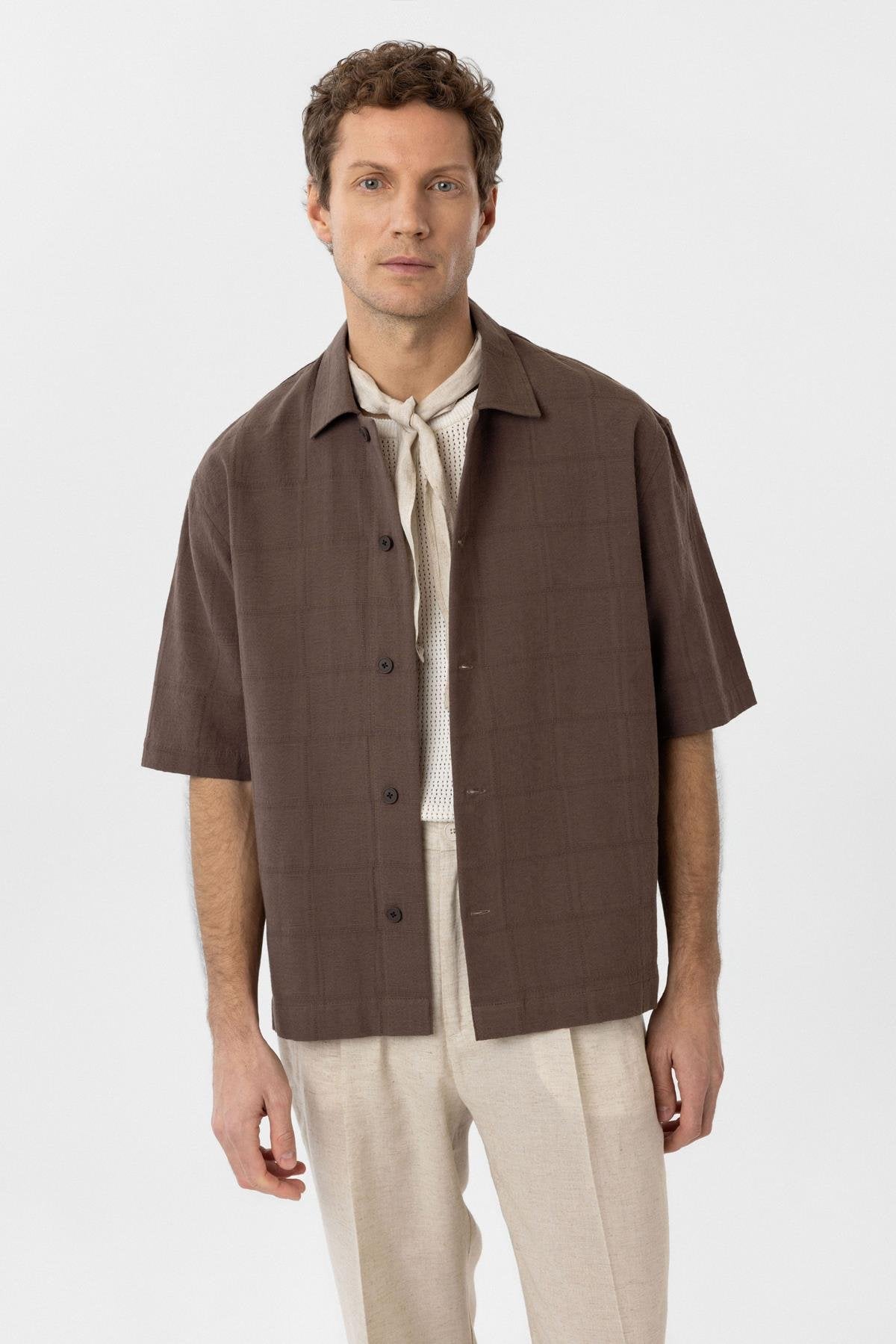 Antioch-Kahve Dokulu Jakarlı Pamuklu Erkek Kısa Kol Gömlek-Gömlek-2-Milagron.com