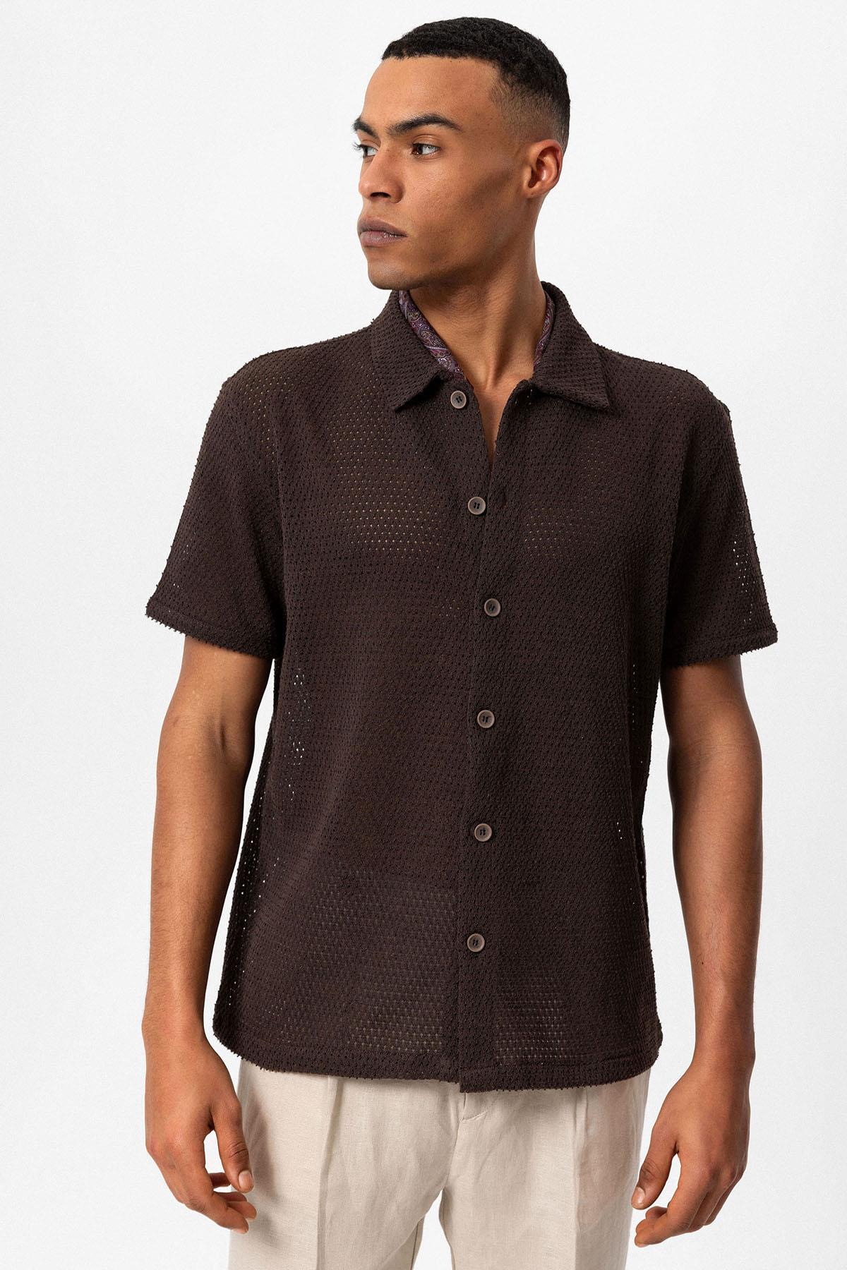 Antioch-Kahve Dokulu Kısa Kollu Erkek Gömlek-Gömlek-3-Milagron.com