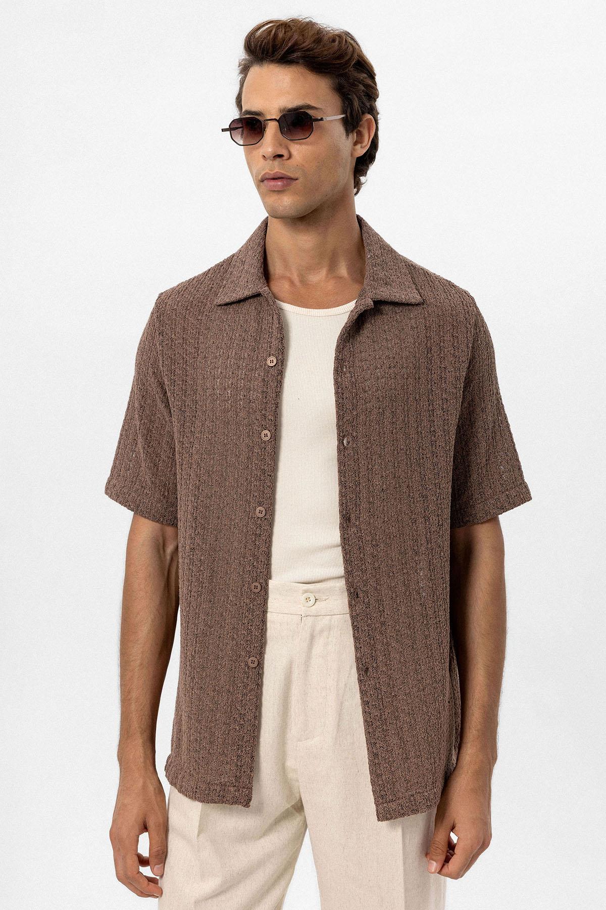 Antioch-Kahve Dokulu Kroşe Erkek Gömlek-Gömlek-3-Milagron.com