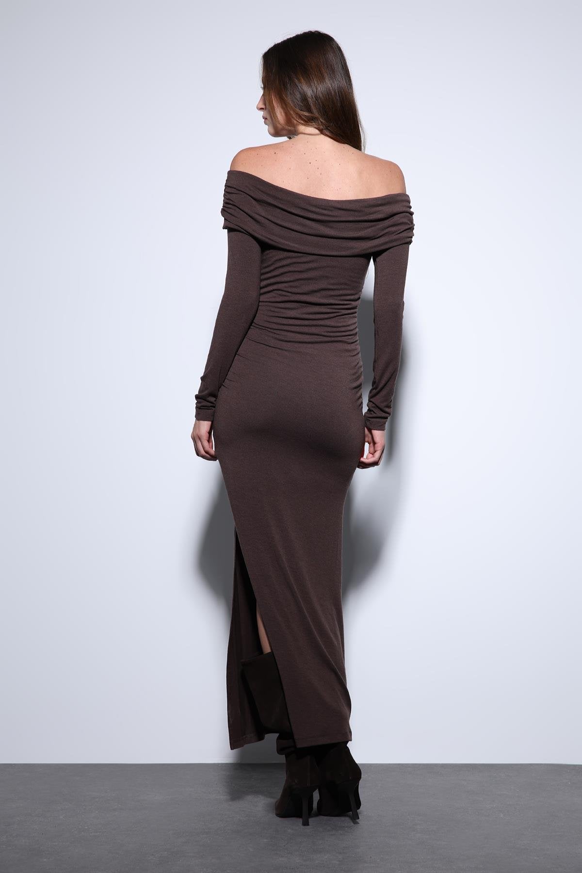 Antioch-Antioch Kahve Drape Detaylı Aksesuarlı Elbise-Elbise-7-Milagron.com