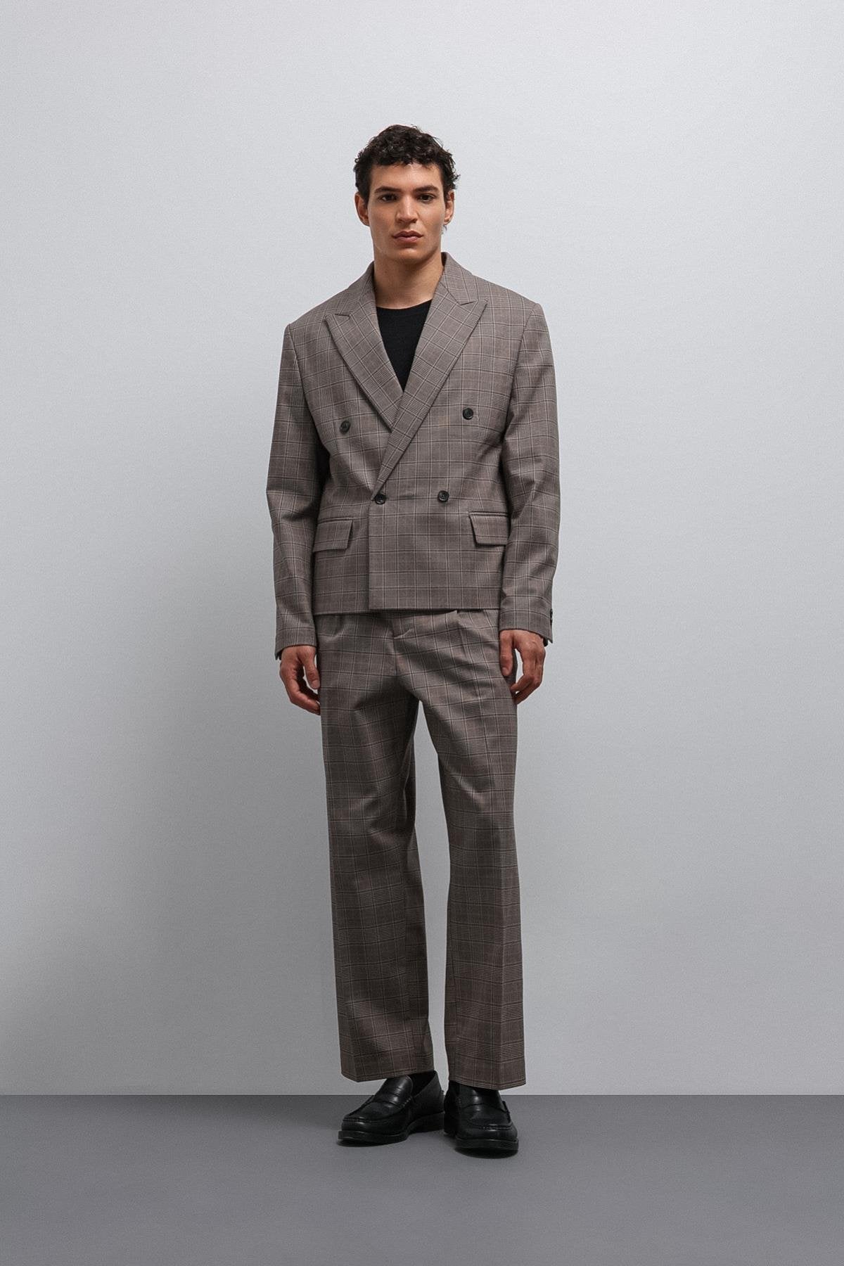 Antioch-Kahve Ekoseli Kruvaze Erkek Blazer Ceket-Blazer Ceket-2-Milagron.com