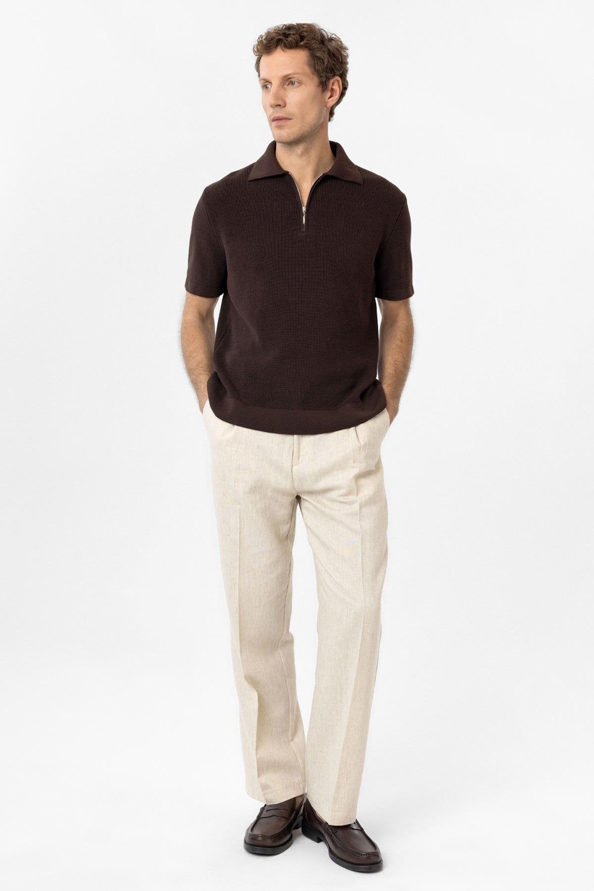 Antioch-Kahve Fermuarlı Dokuma Erkek Polo Yaka Triko T Shirt-T-Shirts-2-Milagron.com