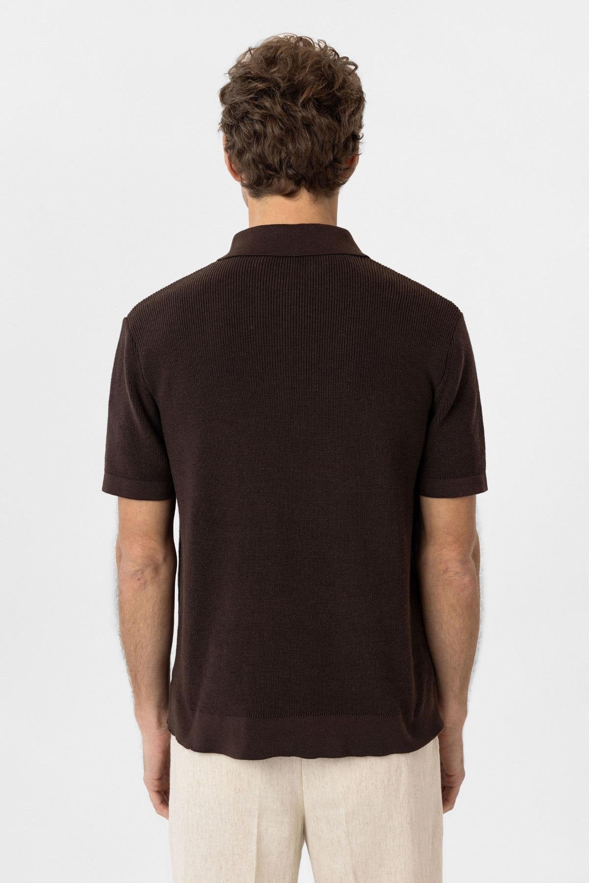 Antioch-Kahve Fermuarlı Dokuma Erkek Polo Yaka Triko T Shirt-T-Shirts-5-Milagron.com