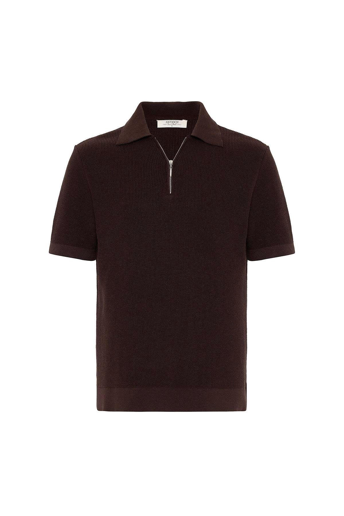 Antioch-Kahve Fermuarlı Dokuma Erkek Polo Yaka Triko T Shirt-T-Shirts-6-Milagron.com