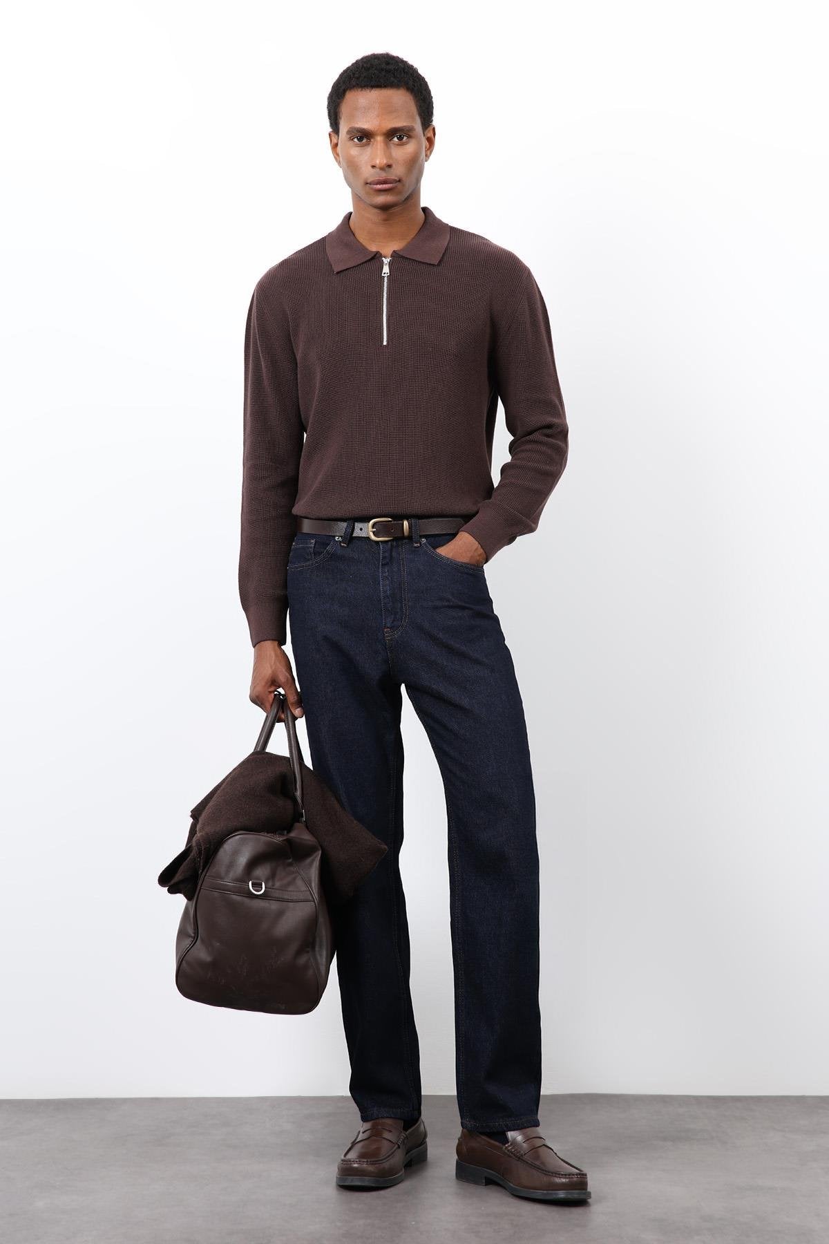 Antioch-Kahve Fermuarlı Erkek Triko Kazak-Kazak-1-Milagron.com