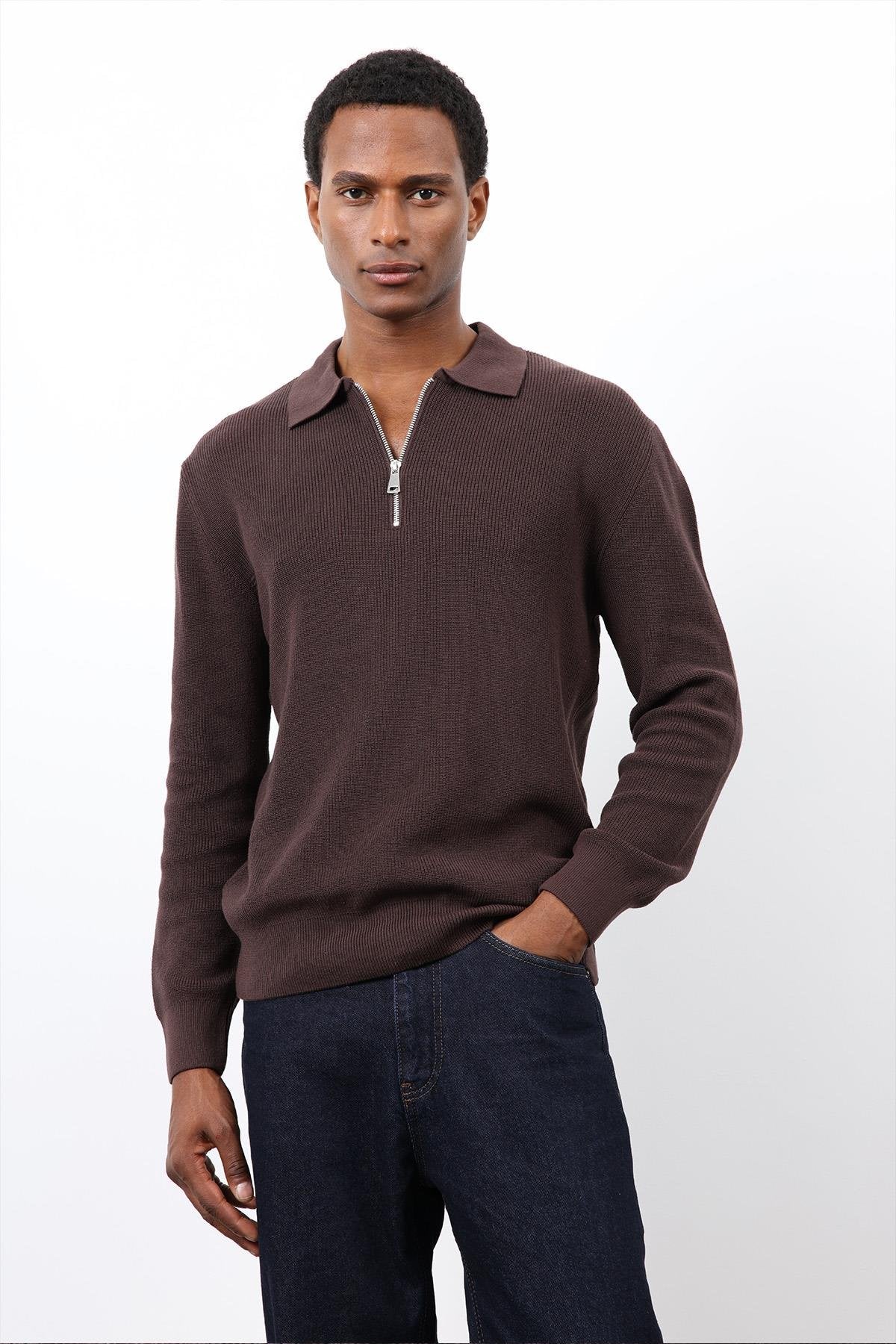 Antioch-Kahve Fermuarlı Erkek Triko Kazak-Kazak-3-Milagron.com