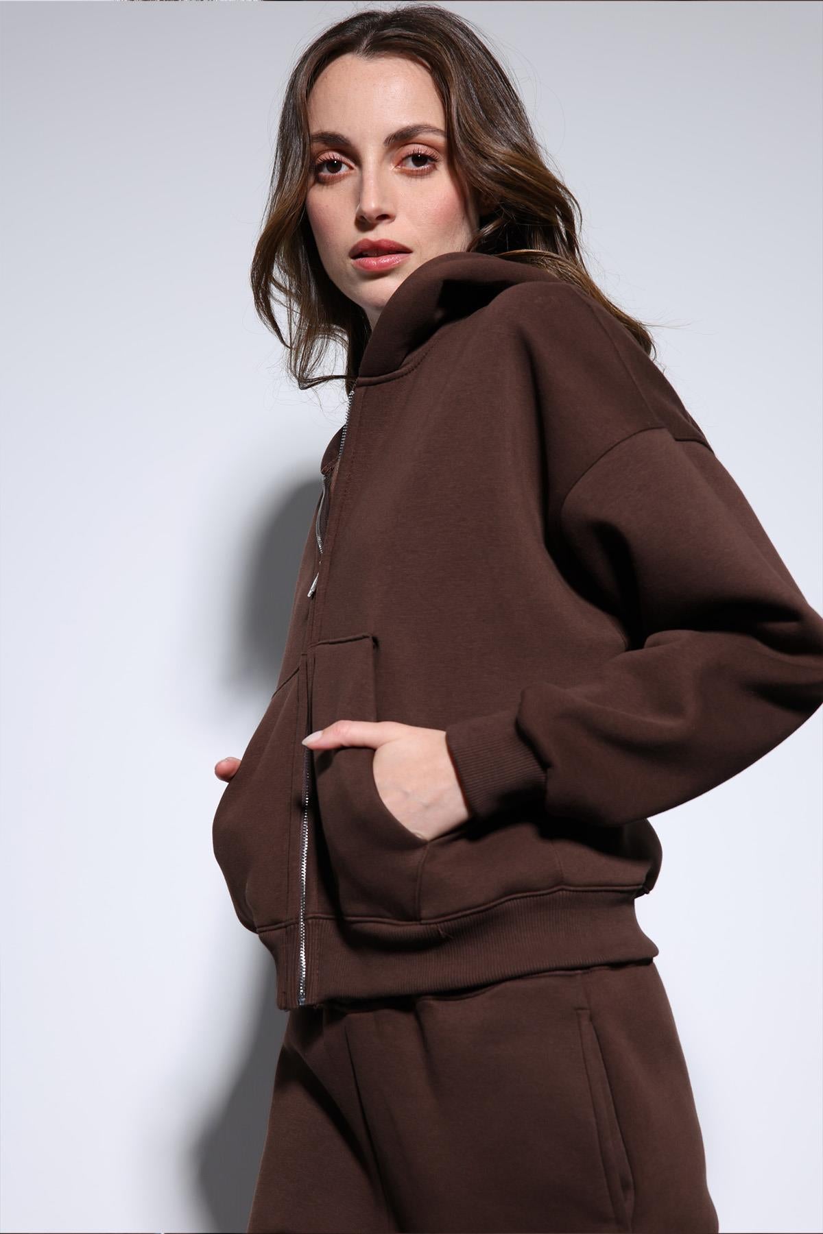 Antioch-Kahve Fermuarlı Kapüşanlı Kadın Sweatshirt-Sweatshirt-8-Milagron.com