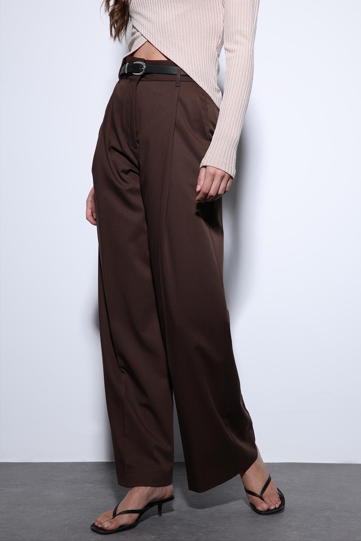 Antioch-Antioch Kahve Geniş Paça Kadın Pantolon-Kumaş Pantolon-3-Milagron.com