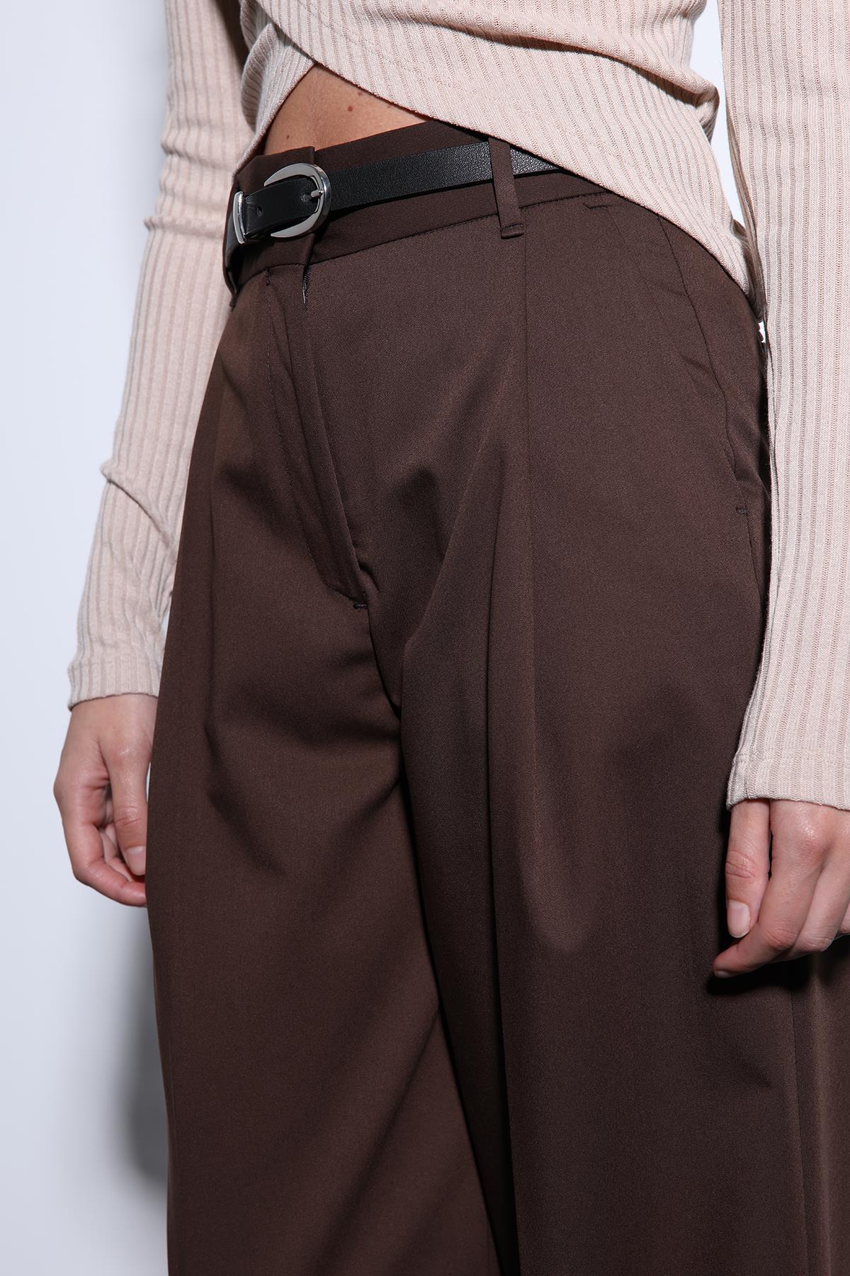 Antioch-Antioch Kahve Geniş Paça Kadın Pantolon-Kumaş Pantolon-4-Milagron.com