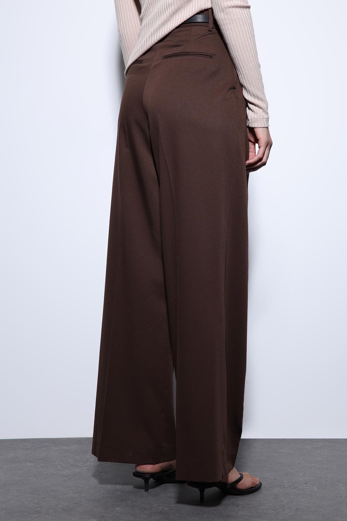 Antioch-Antioch Kahve Geniş Paça Kadın Pantolon-Kumaş Pantolon-5-Milagron.com