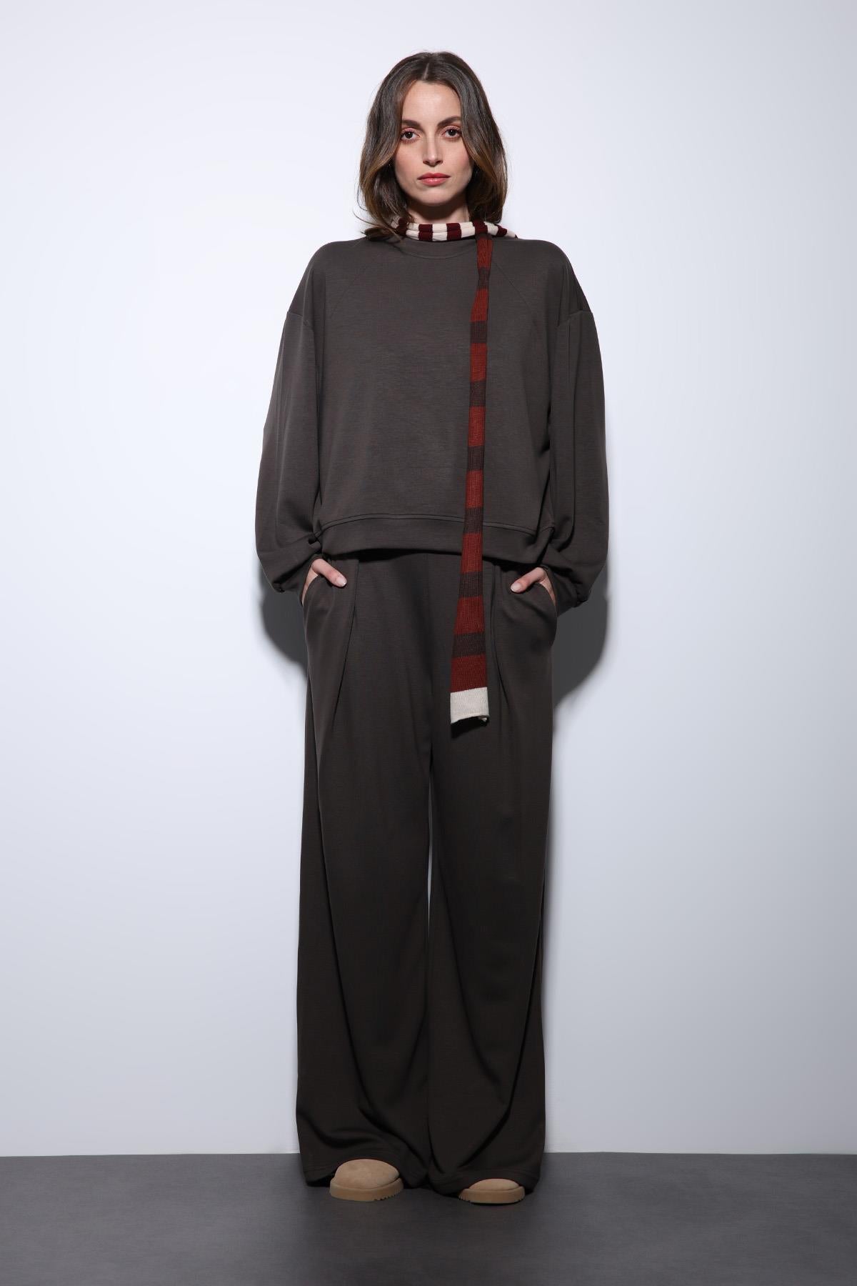 Antioch-Kahve Geniş Paça Relaxed Kadın Takım-Takım-3-Milagron.com