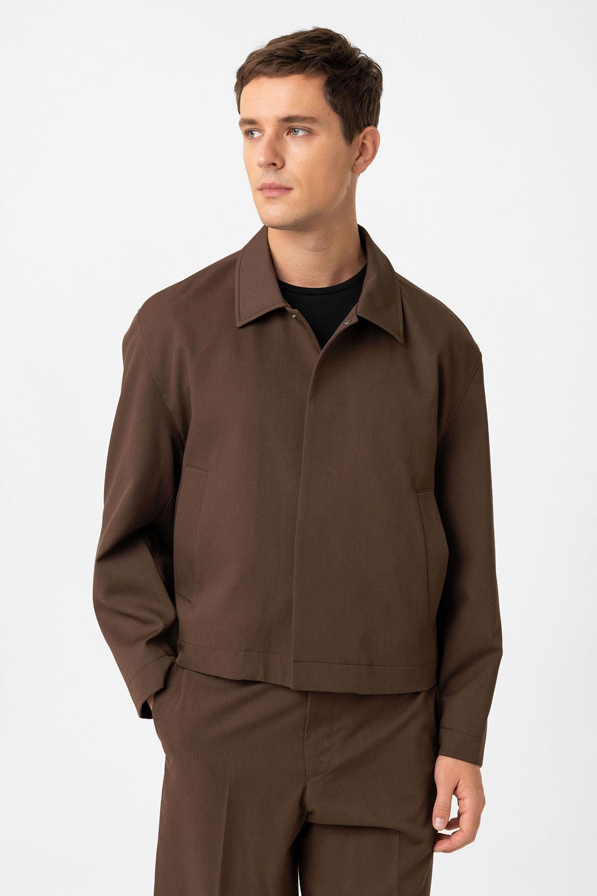 Antioch-Kahve Gizli Düğme Mevsimlik Relax Fit Erkek Mont-Mont-2-Milagron.com