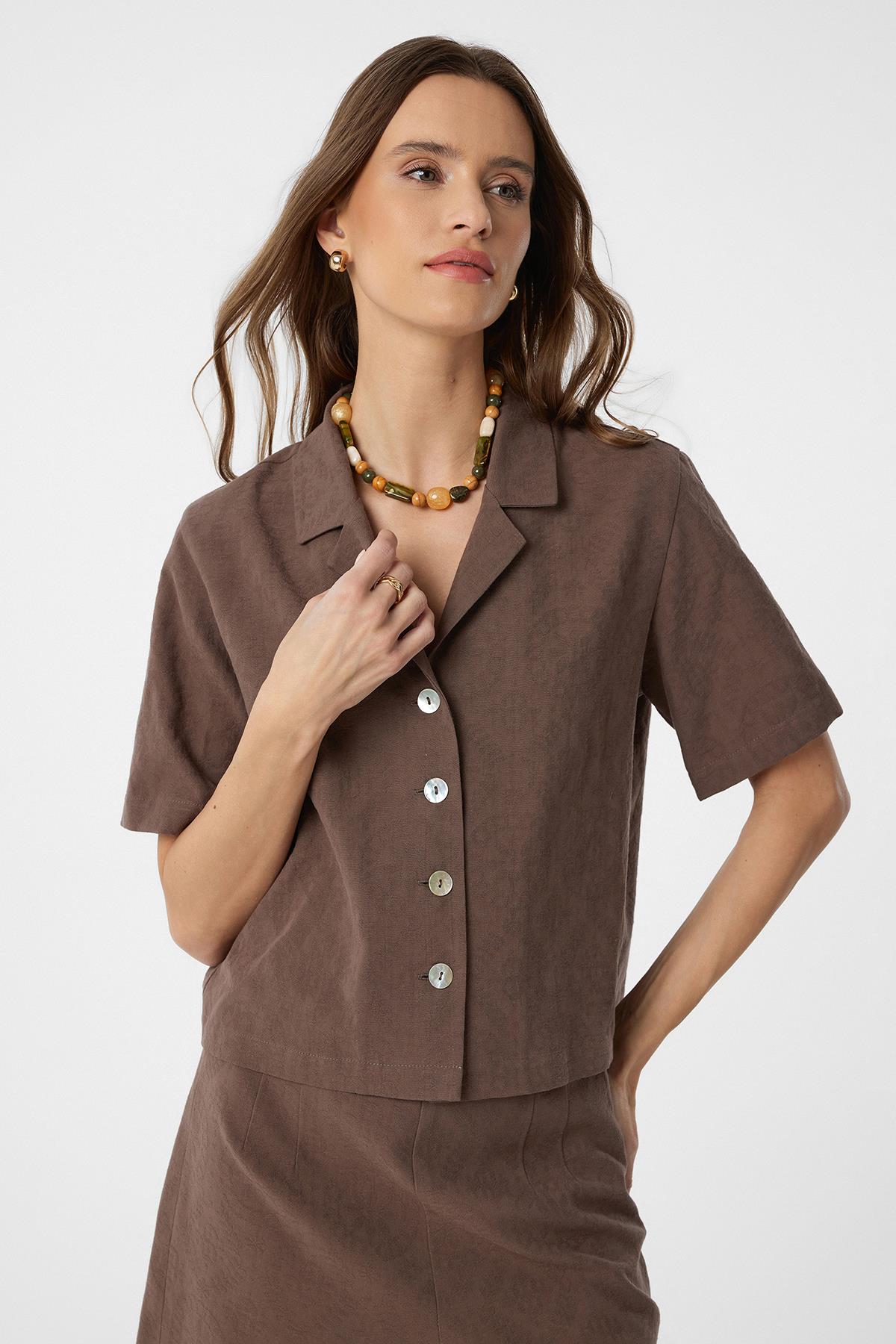 Antioch-Kahve Gömlek Şort Kadın Takım-Alt - Üst Takım-2-Milagron.com