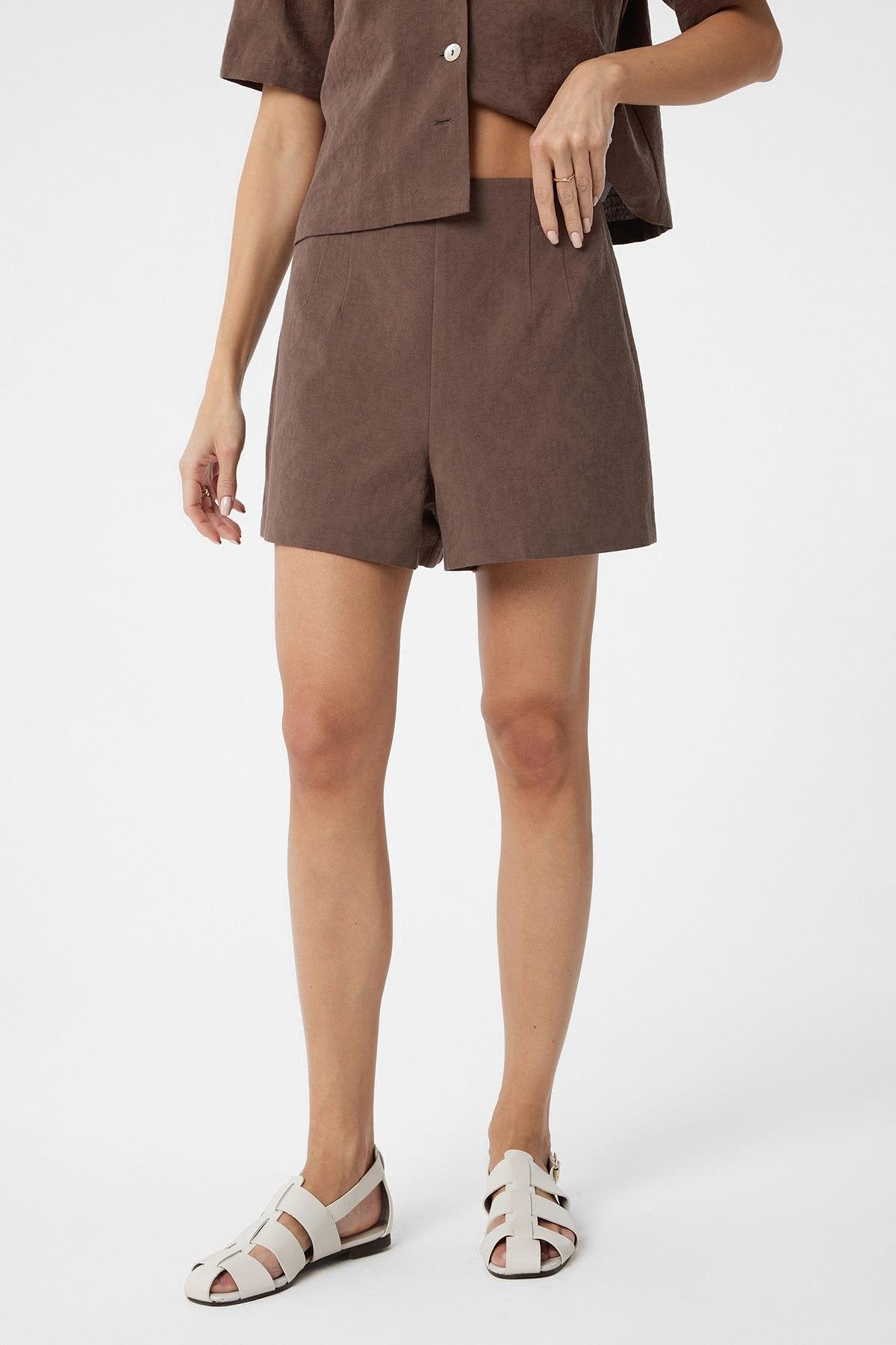 Antioch-Kahve Gömlek Şort Kadın Takım-Alt - Üst Takım-3-Milagron.com