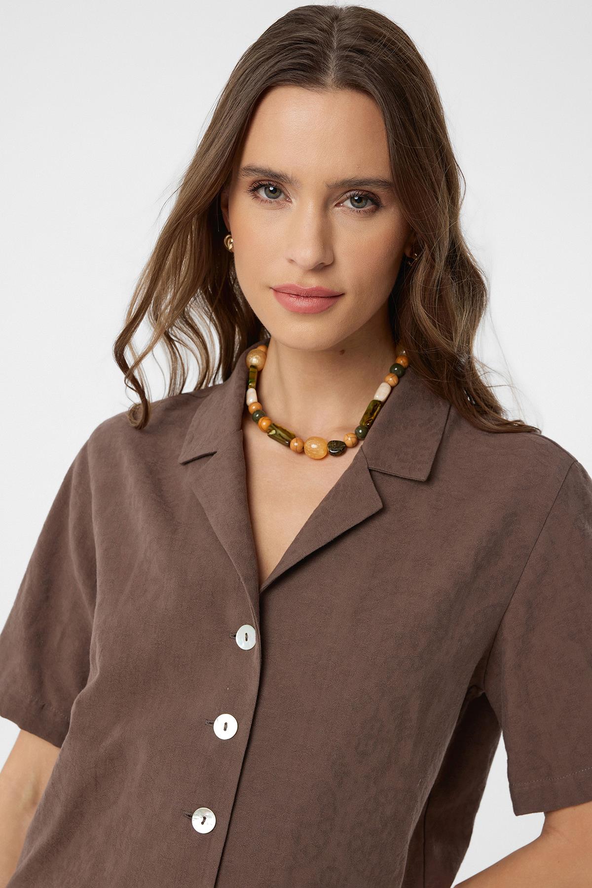 Antioch-Kahve Gömlek Şort Kadın Takım-Alt - Üst Takım-4-Milagron.com