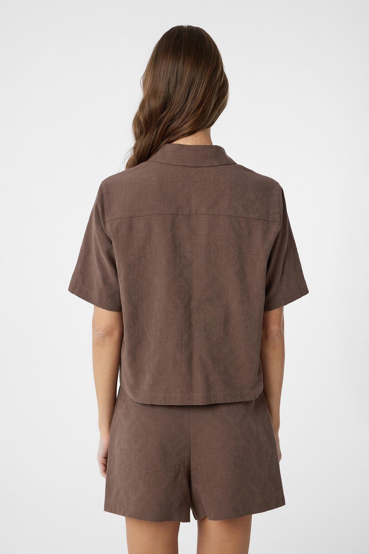 Antioch-Kahve Gömlek Şort Kadın Takım-Alt - Üst Takım-6-Milagron.com