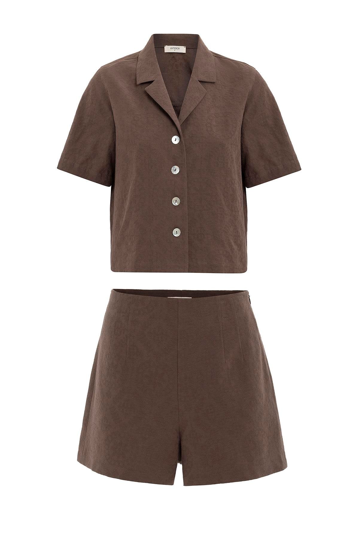 Antioch-Kahve Gömlek Şort Kadın Takım-Alt - Üst Takım-8-Milagron.com
