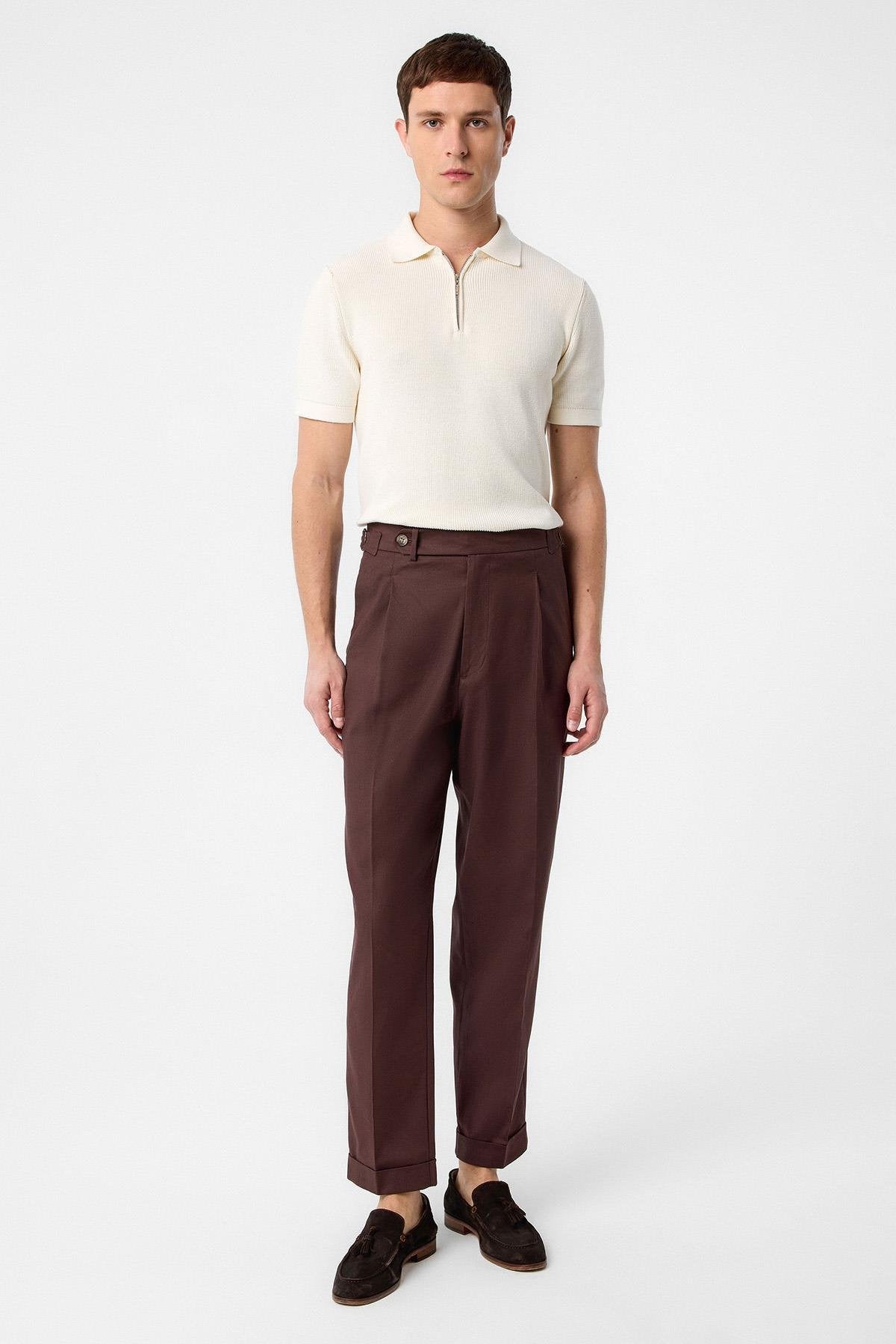 Antioch-Kahve İtalyan Kesim Yüksek Bel Erkek Pantolon-Kumaş Pantolon-2-Milagron.com