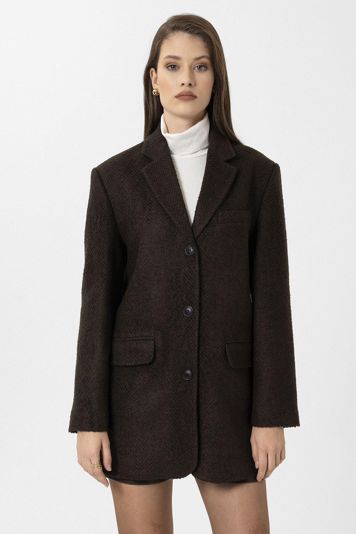 Antioch-Kahve Kadın Balıksırtı Desenli Blazer Ceket-Ceket-1-Milagron.com