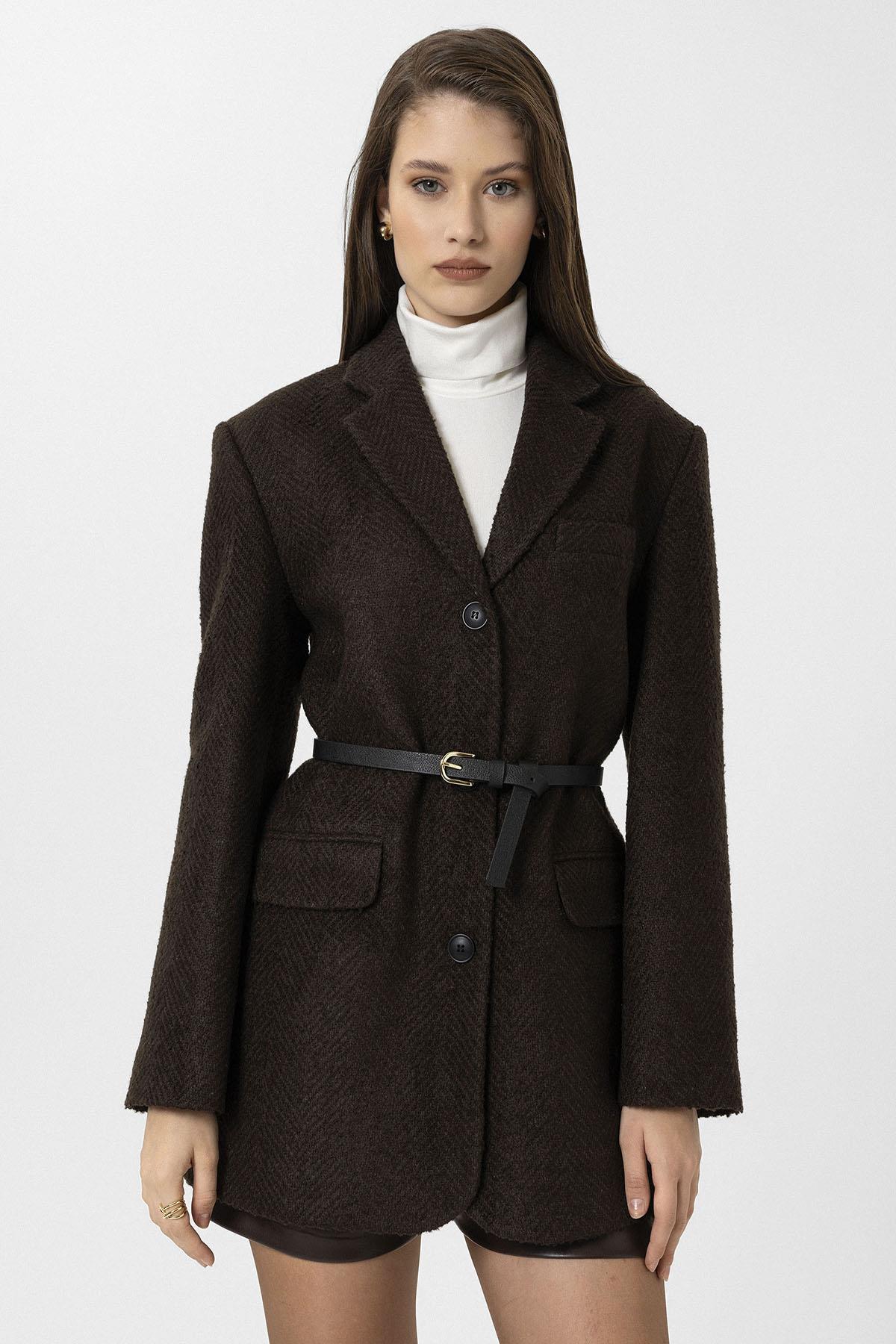 Antioch-Kahve Kadın Balıksırtı Desenli Blazer Ceket-Ceket-2-Milagron.com