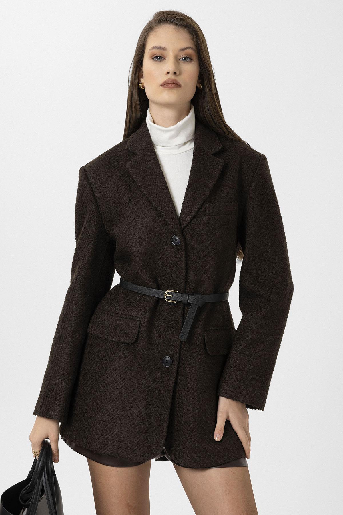 Antioch-Kahve Kadın Balıksırtı Desenli Blazer Ceket-Ceket-4-Milagron.com