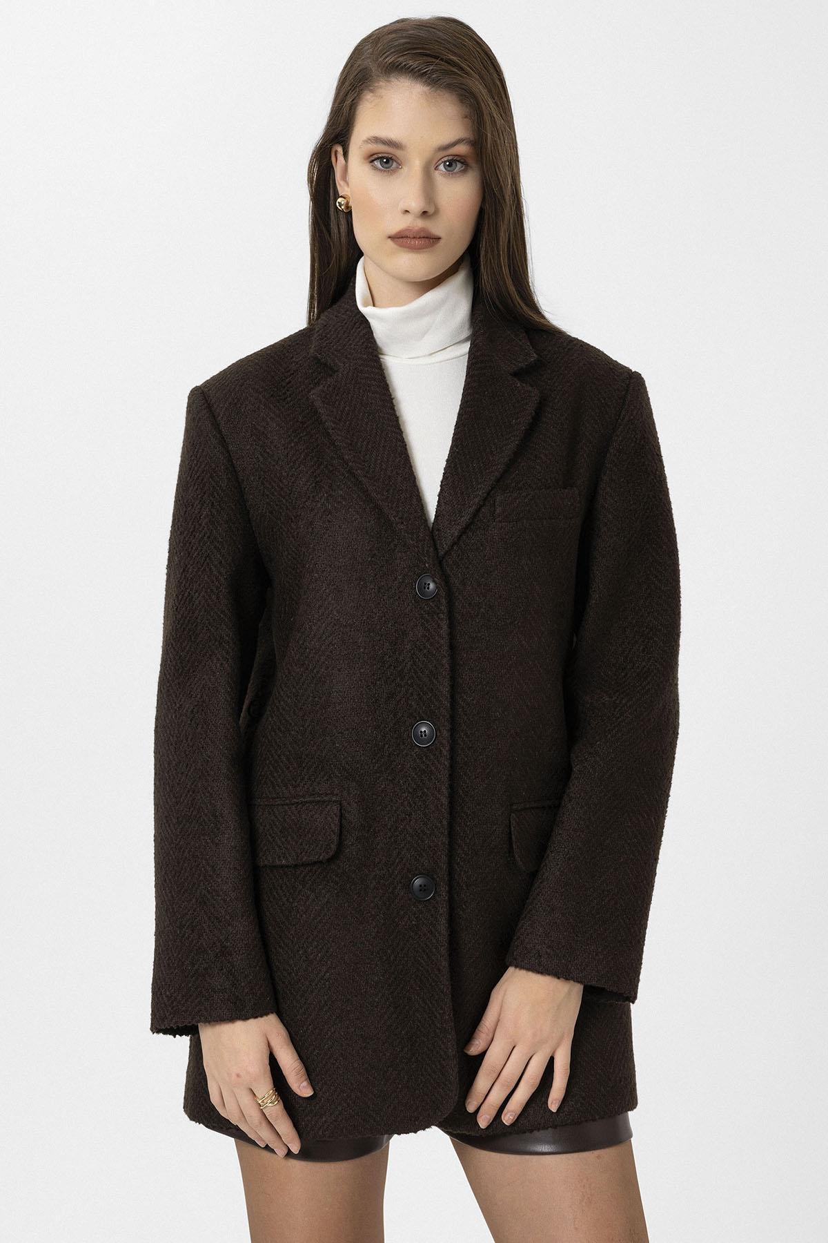 Antioch-Kahve Kadın Balıksırtı Desenli Blazer Ceket-Ceket-5-Milagron.com