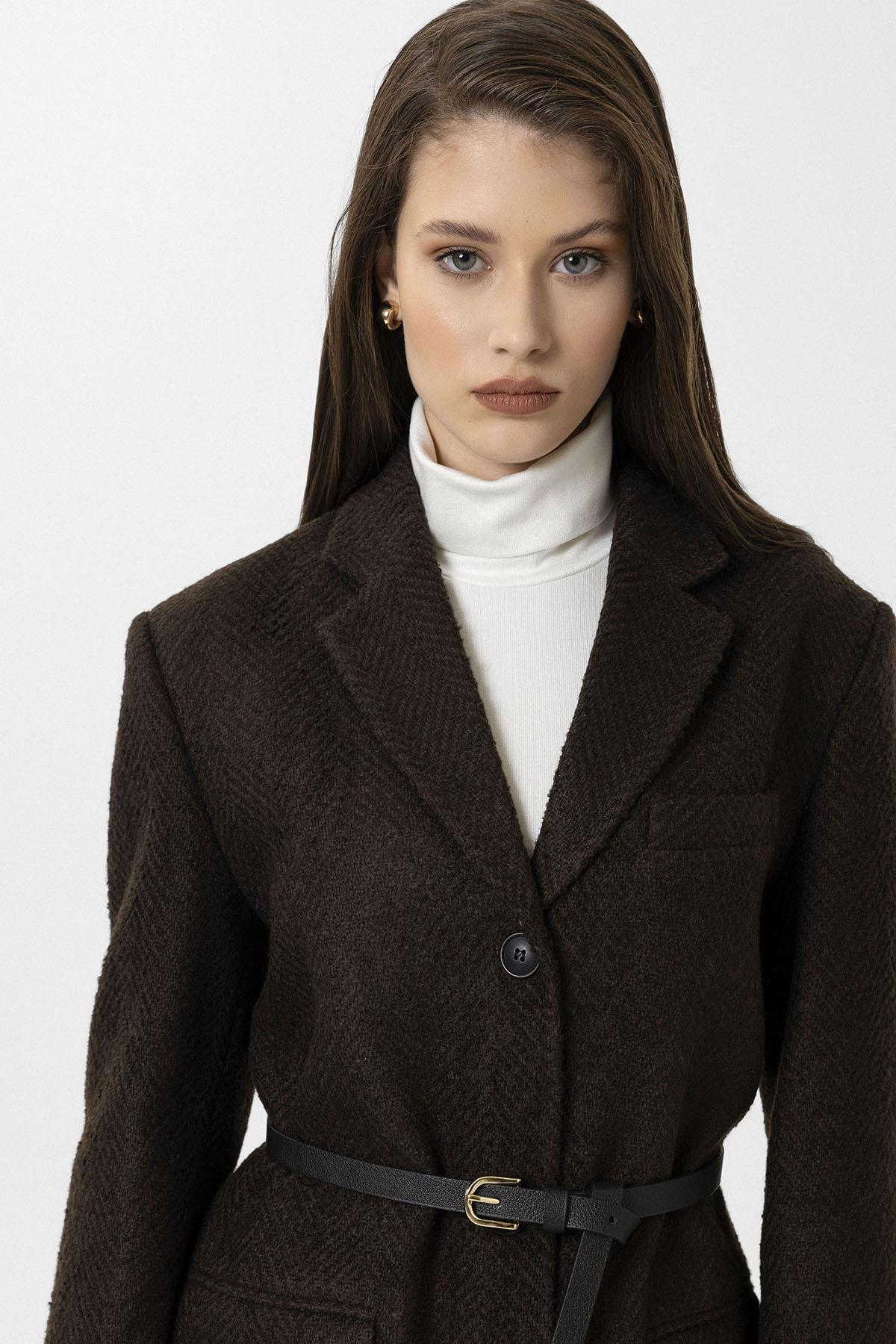 Antioch-Kahve Kadın Balıksırtı Desenli Blazer Ceket-Ceket-6-Milagron.com