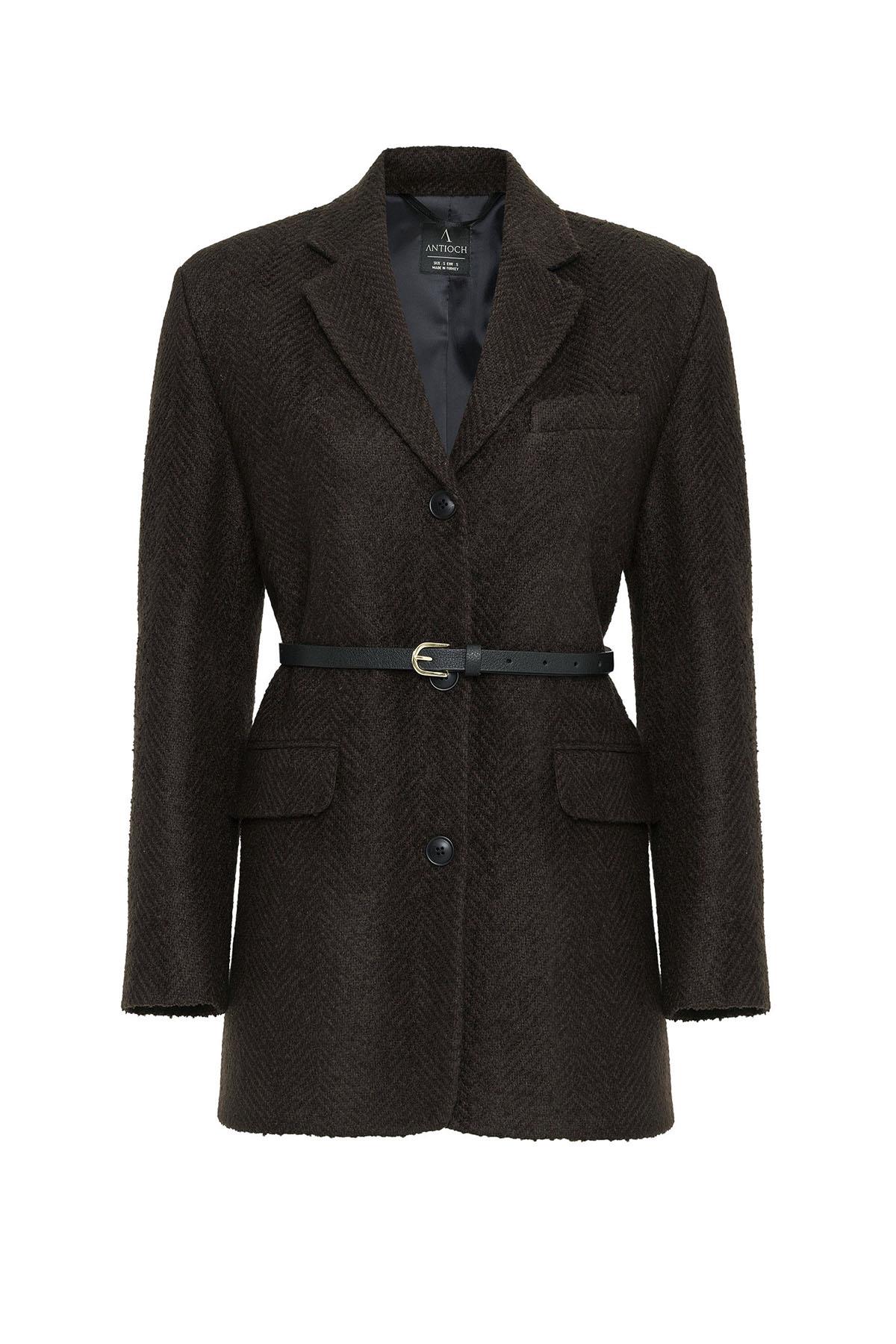 Antioch-Kahve Kadın Balıksırtı Desenli Blazer Ceket-Ceket-8-Milagron.com