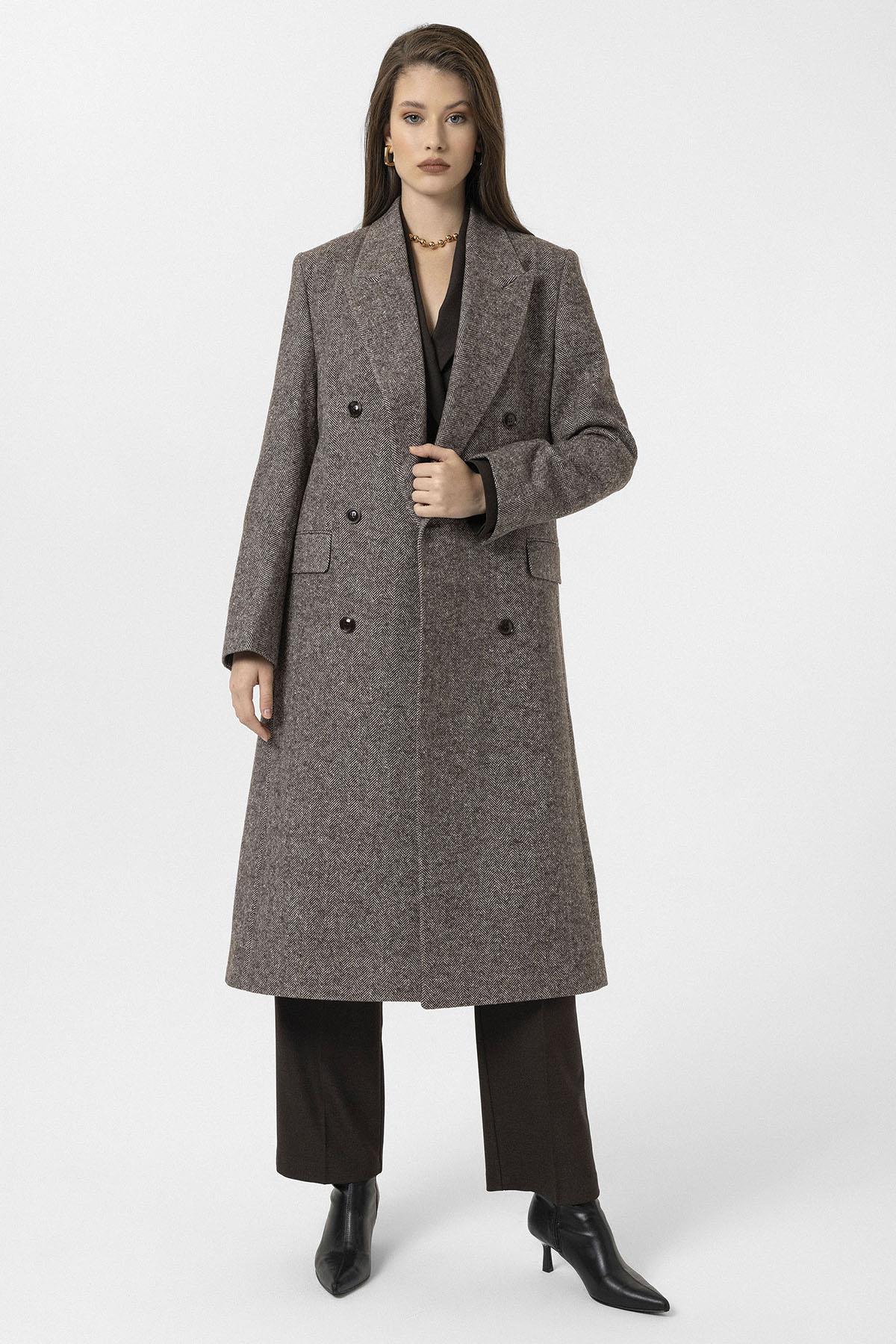 Antioch-Kahve Kadın Balıksırtı Desenli Kruvaze Kaban-Kaban-2-Milagron.com