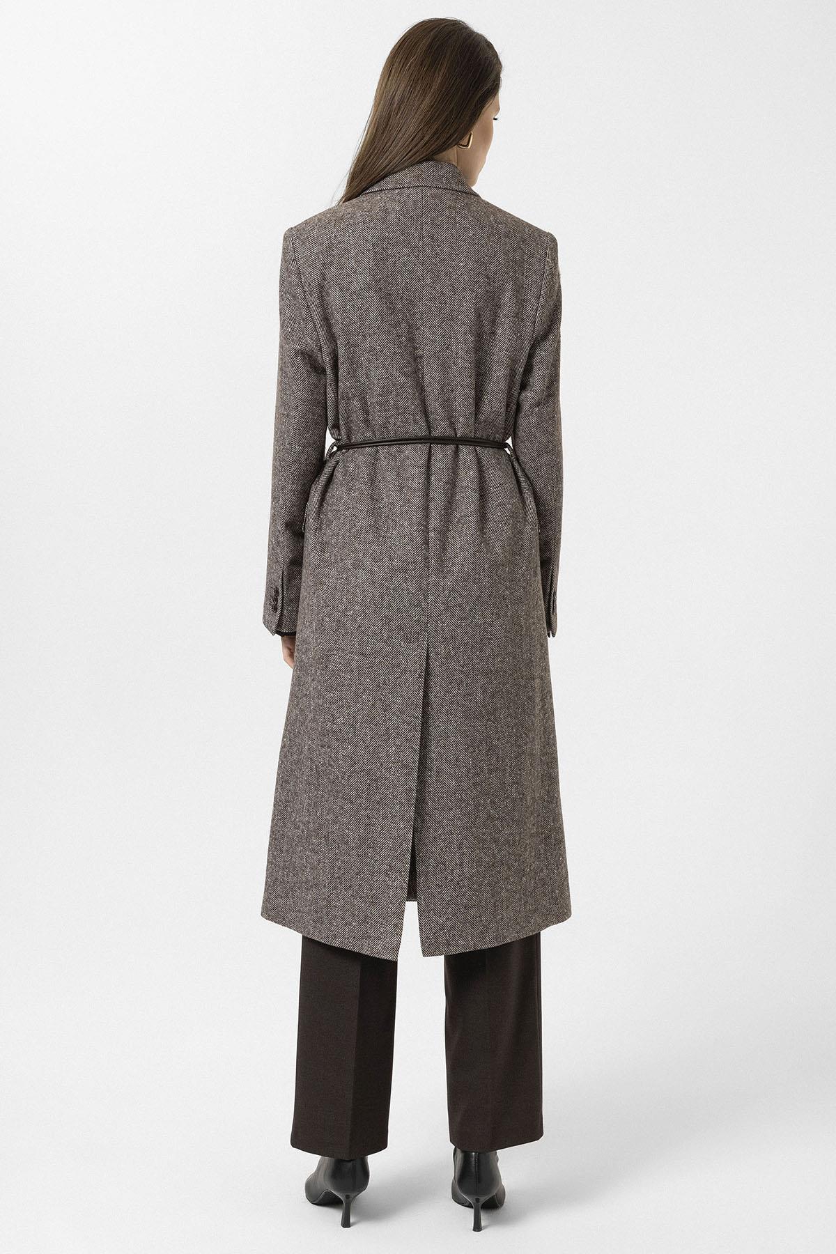 Antioch-Kahve Kadın Balıksırtı Desenli Kruvaze Kaban-Kaban-5-Milagron.com