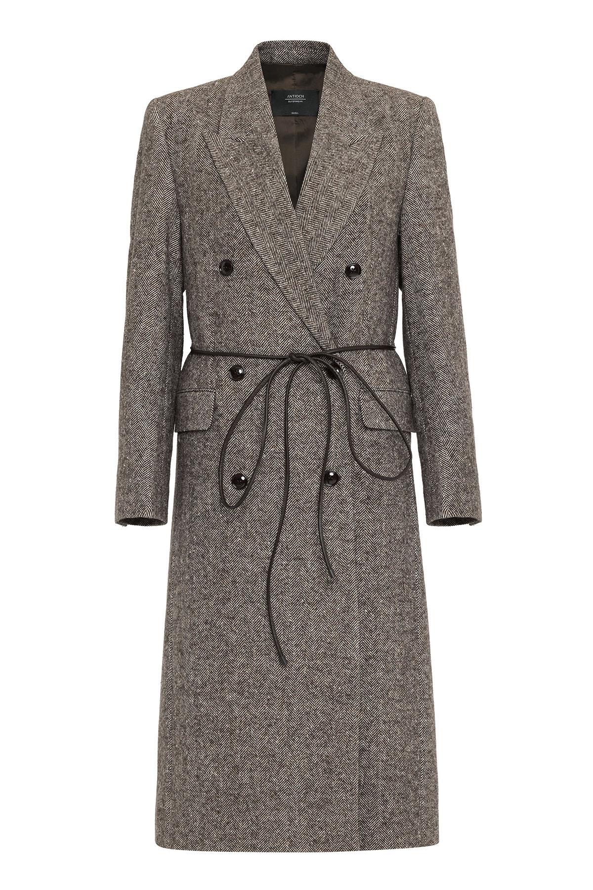 Antioch-Kahve Kadın Balıksırtı Desenli Kruvaze Kaban-Kaban-6-Milagron.com