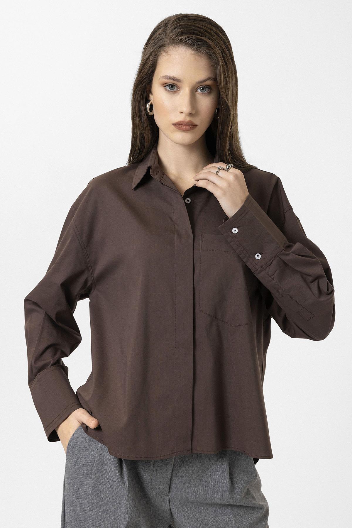 Antioch-Kahve Kadın Basic Oversize Gömlek-Gömlek-1-Milagron.com